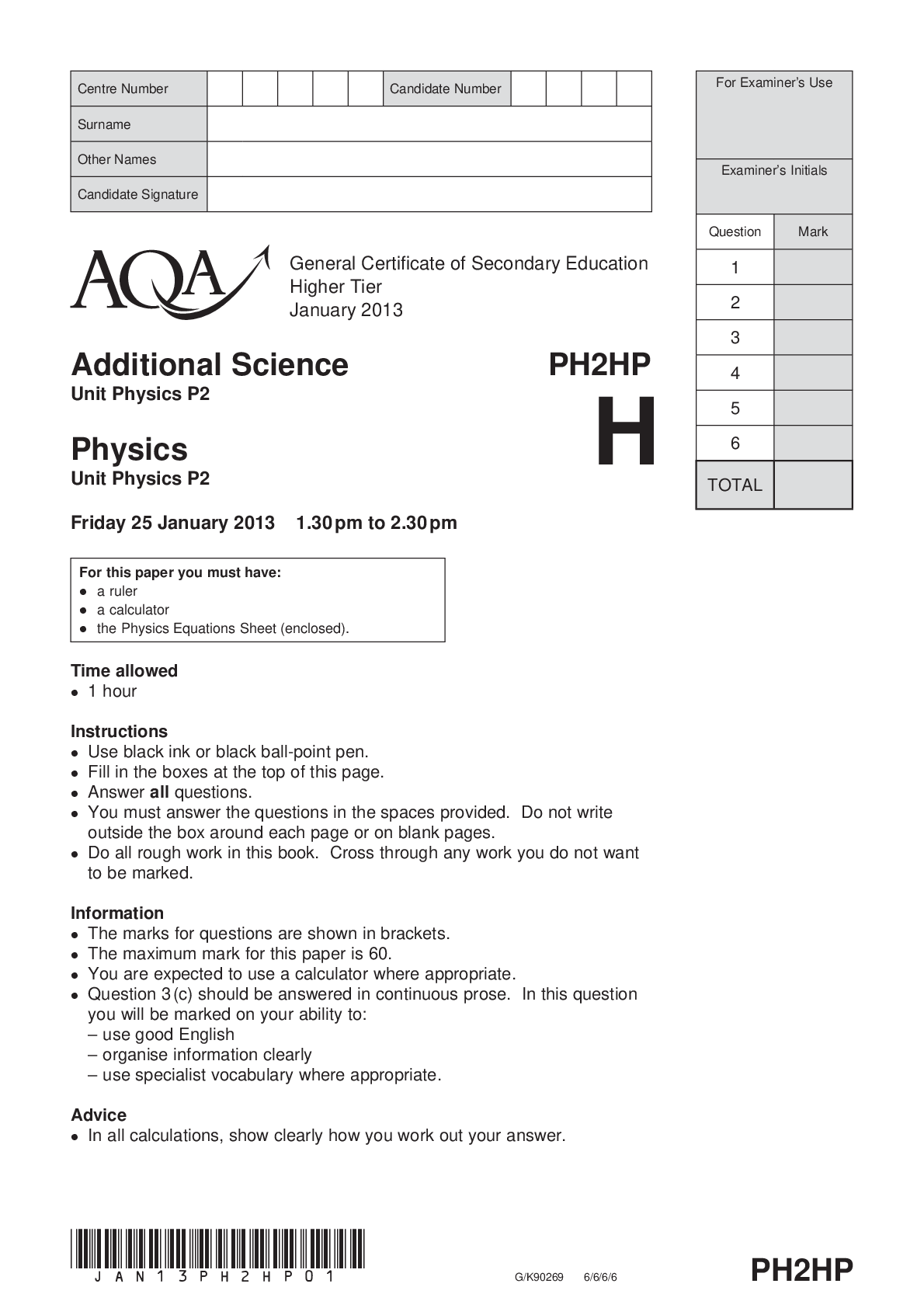 Preview image of January QP - Unit P2 (H) AQA Physics GCSE.pdf document