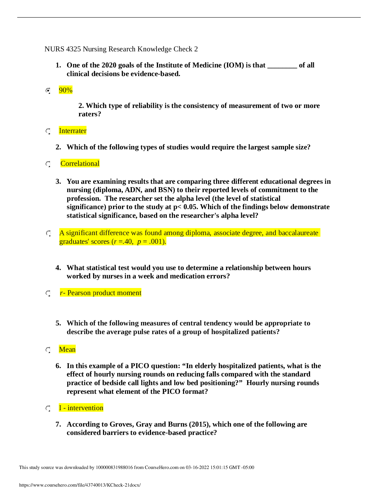 Preview image of NURS 4325 Nursing Research Knowledge Check 2 document