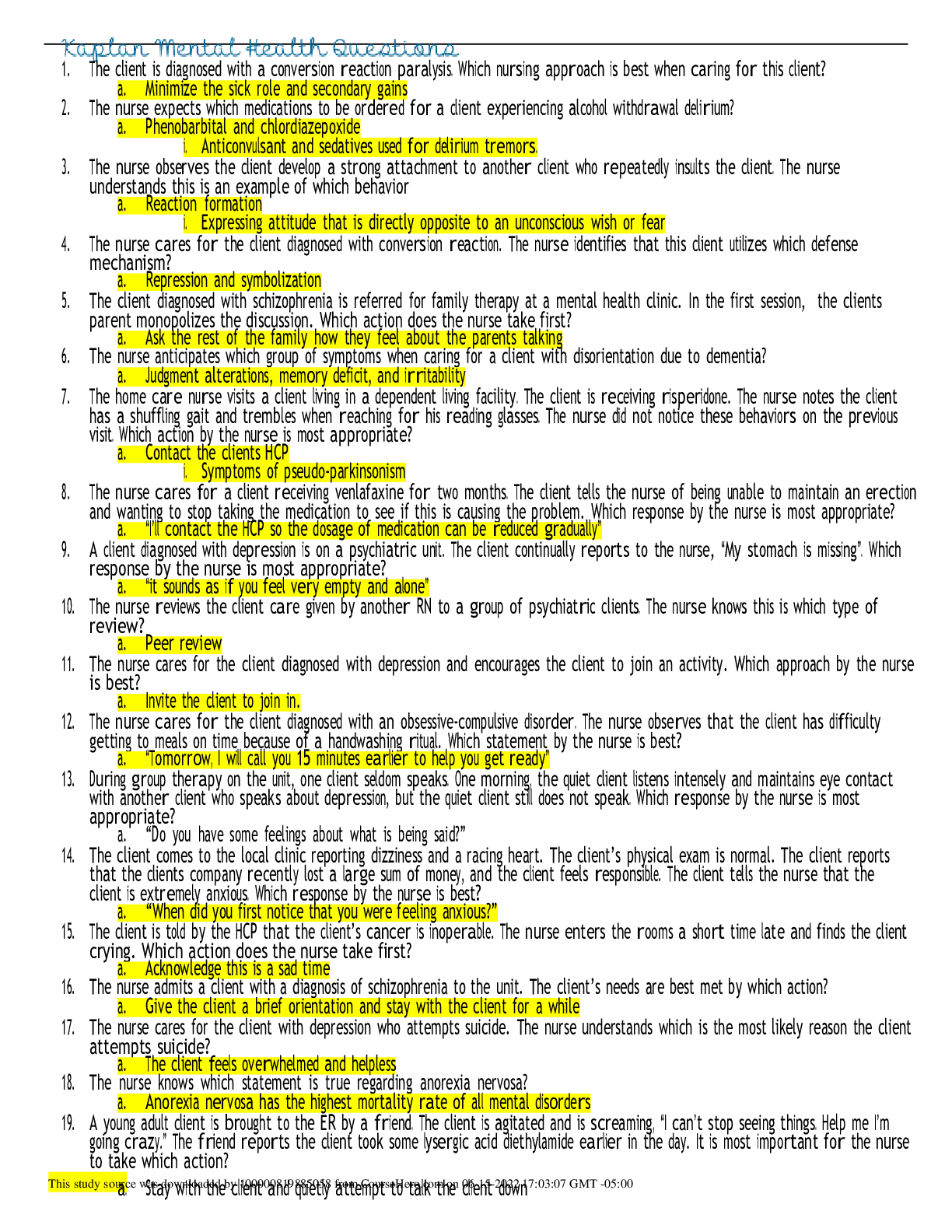 Preview image of Kaplan Mental Health Question And Answers (Latest version ) document