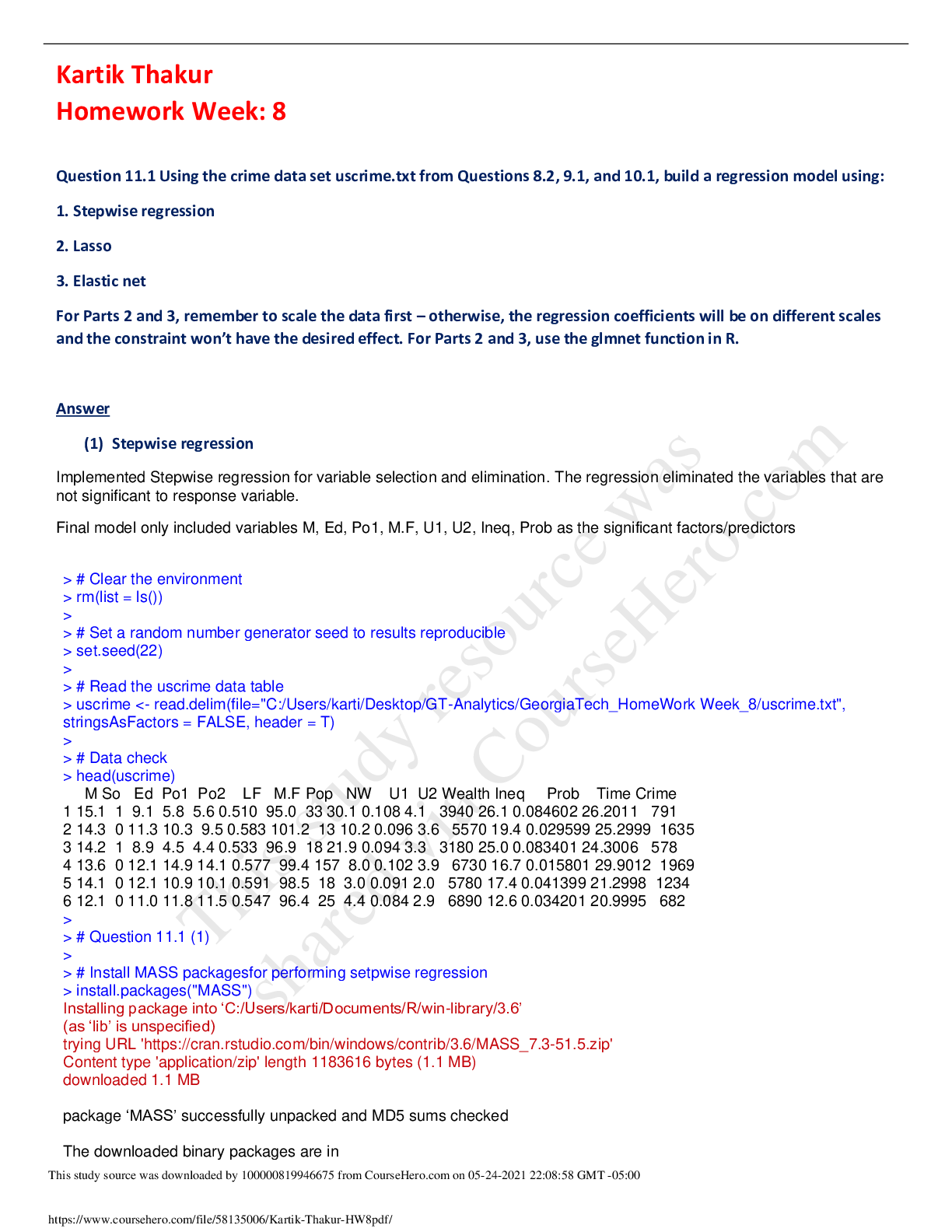 Preview of Georgia Institute Of TechnologyCS ISYE6501XKartik_Thakur_HW8.