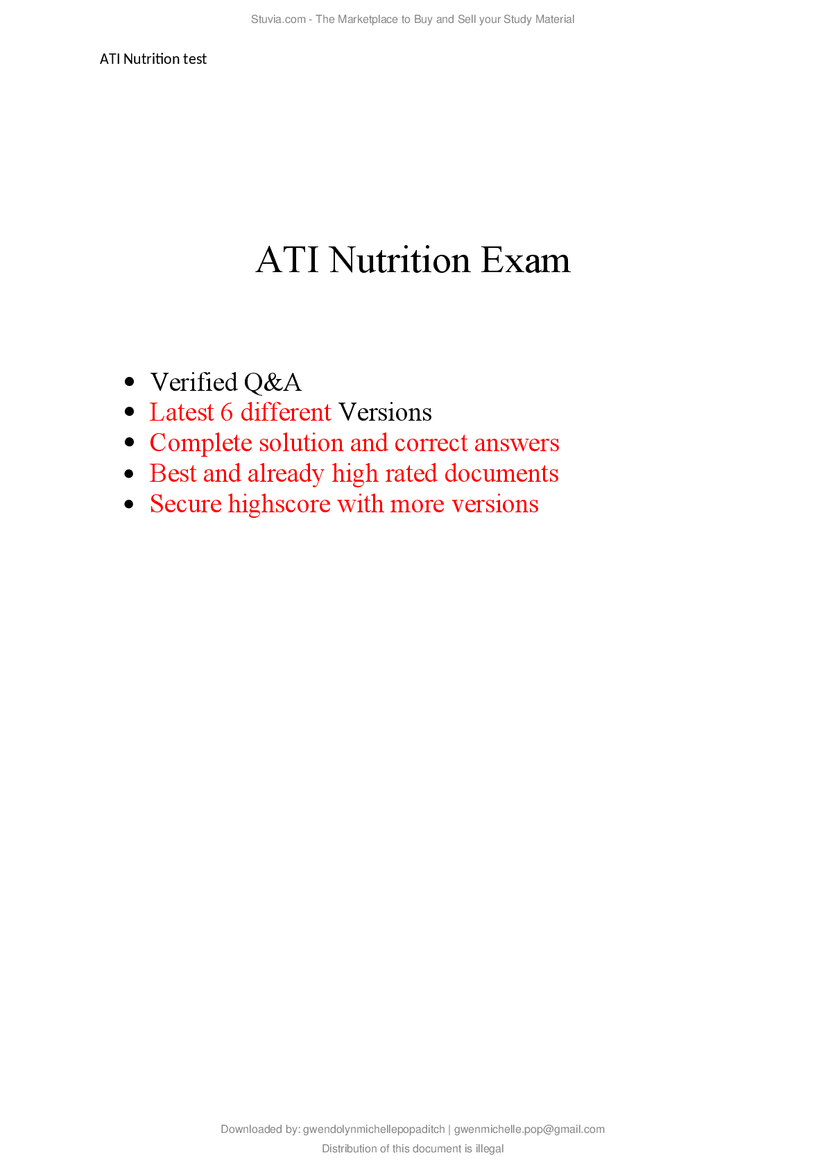 Recommended document preview for ATI RN Proctored Nutrition Exam PREP TESTS COMPILATION - Highly Tested Q&A