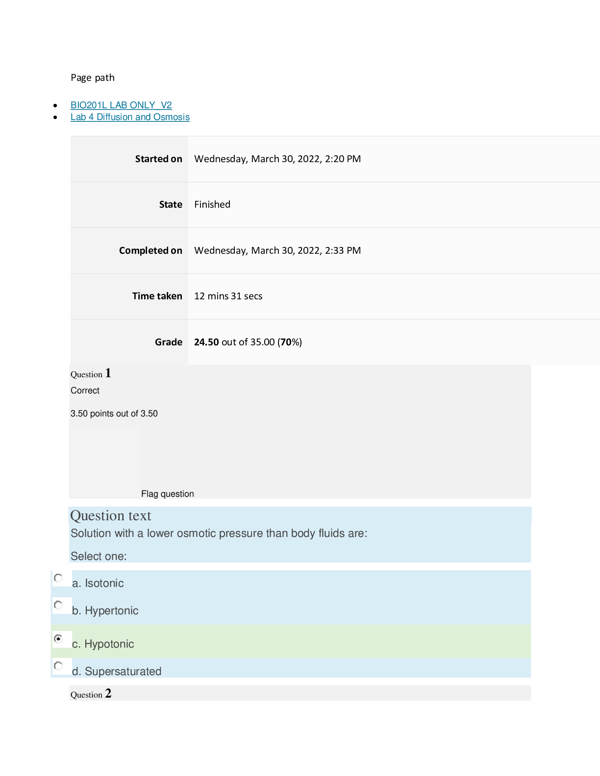 BIO201L Lab 4 Diffusion and Osmosis QUIZ[ALREADY PASSSED] | ScholarFriends