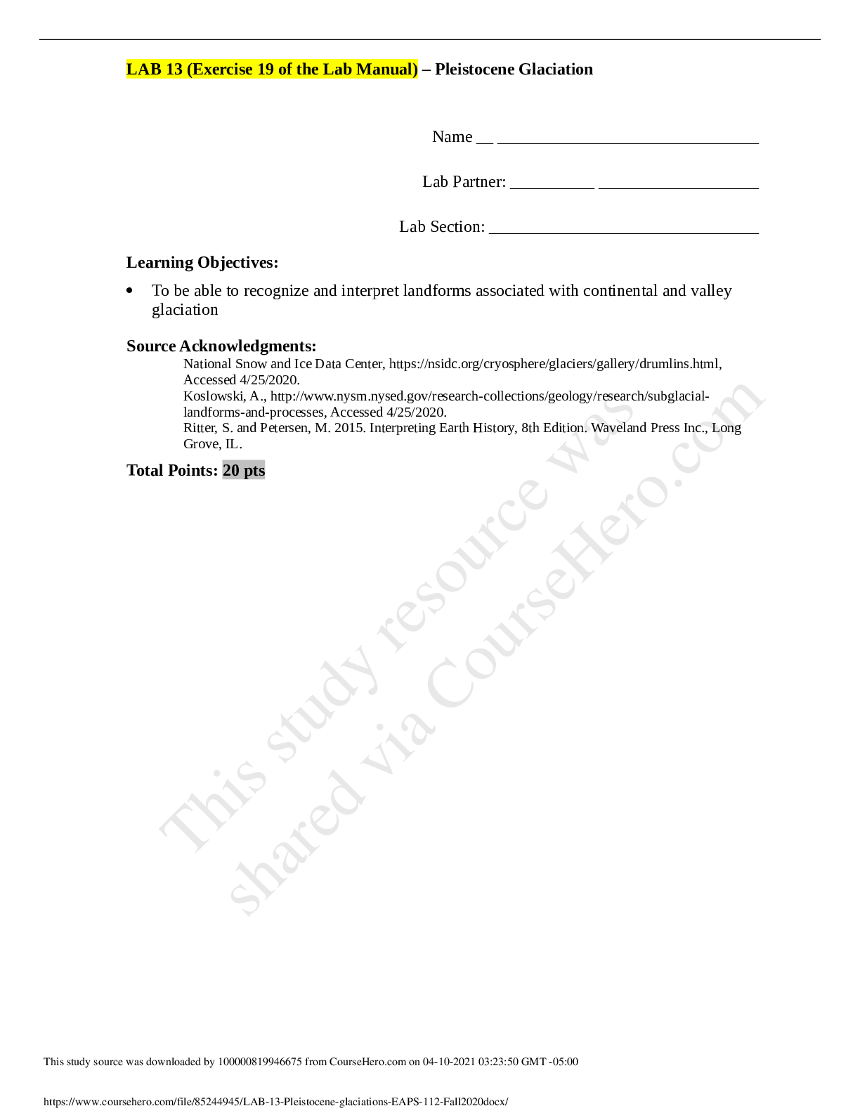 Preview image of Purdue University - EAPS 112LAB 13 Pleistocene glaciations EAPS 112 Fall2020. document