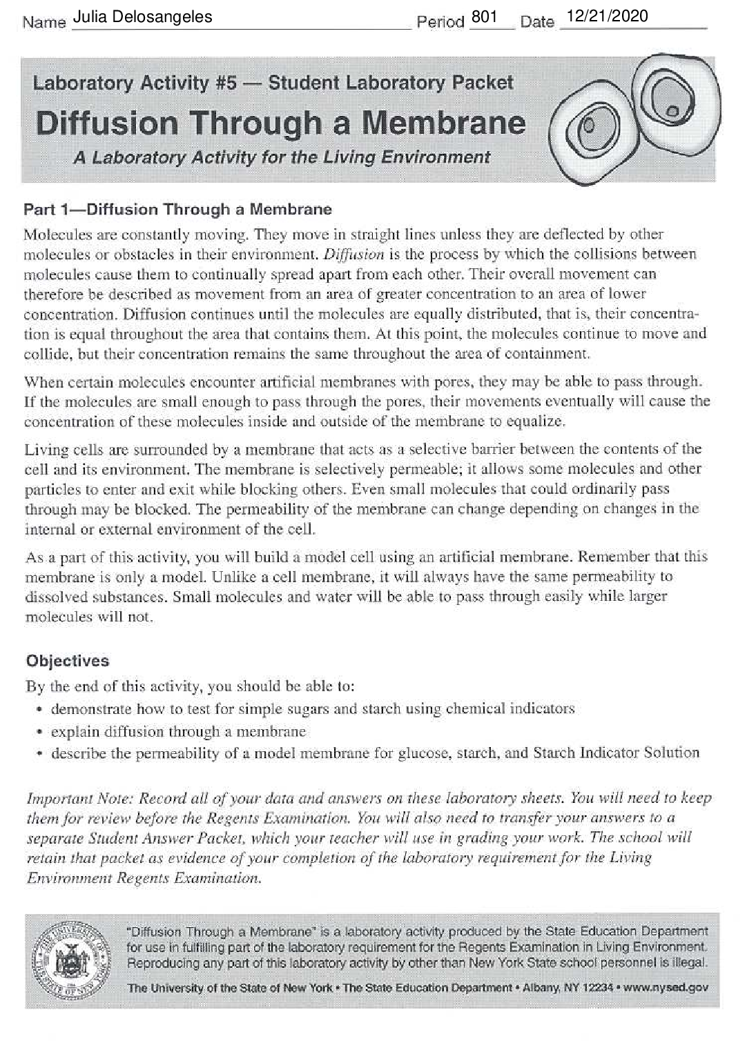 Preview image of Diffusion Through a Membrane STATE LAB document