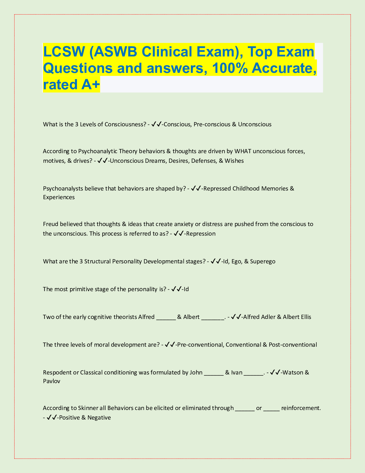 Preview image for LCSW (ASWB Clinical Exam), Top Exam  Questions and answers, 100% Accurate,  rated A+