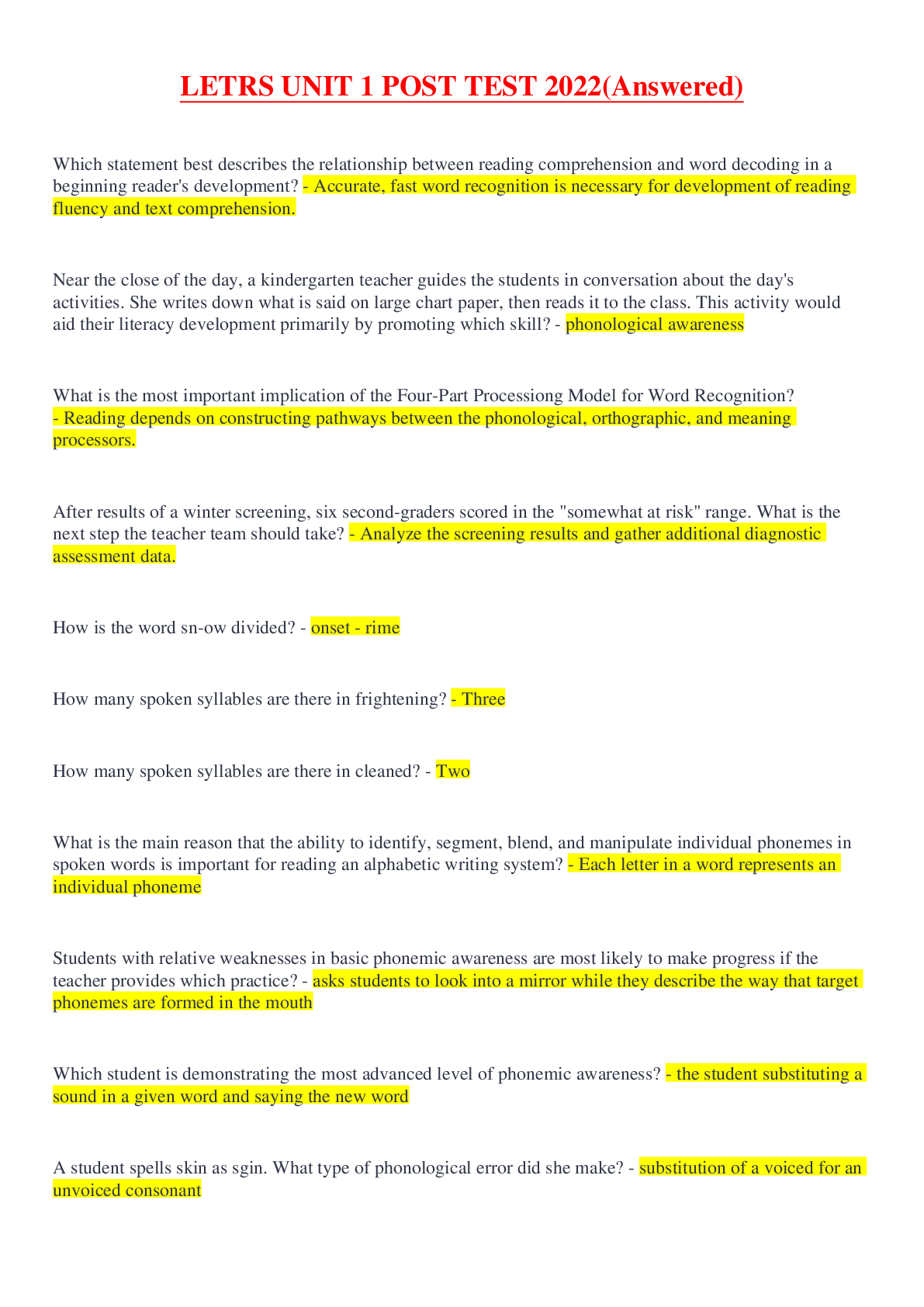 LETRS UNIT 1 POST TEST 2022 | ScholarFriends