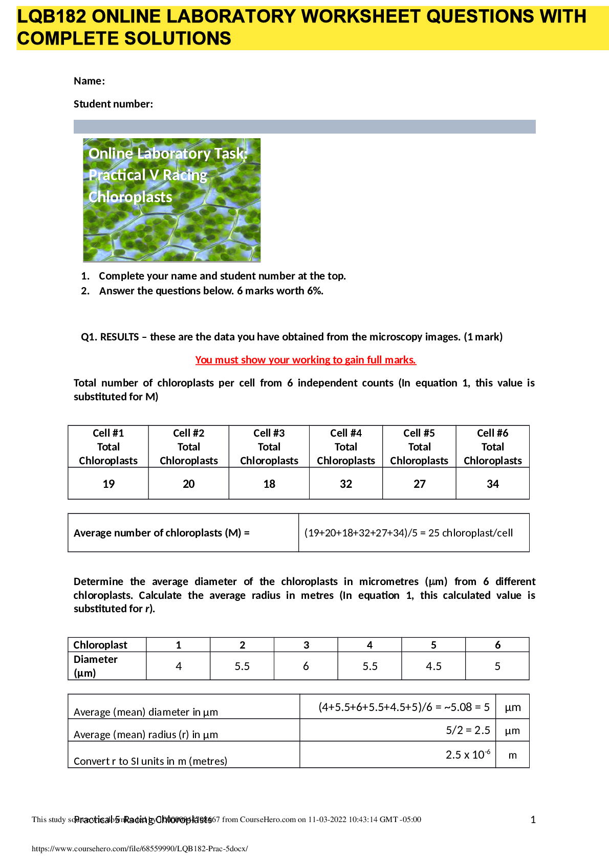 Preview image for LQB182 ONLINE LABORATORY WORKSHEET QUESTIONS WITH COMPLETE SOLUTIONS