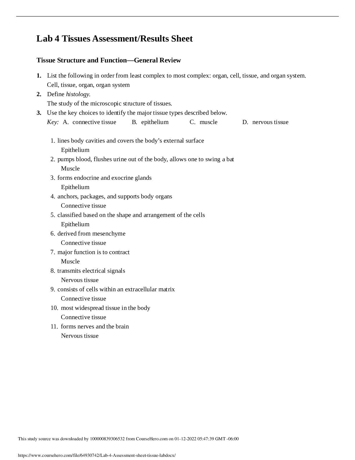 Preview image of Lab 4 Tissues Assessment/Results Sheet Tissue Structure and Function—General Review document