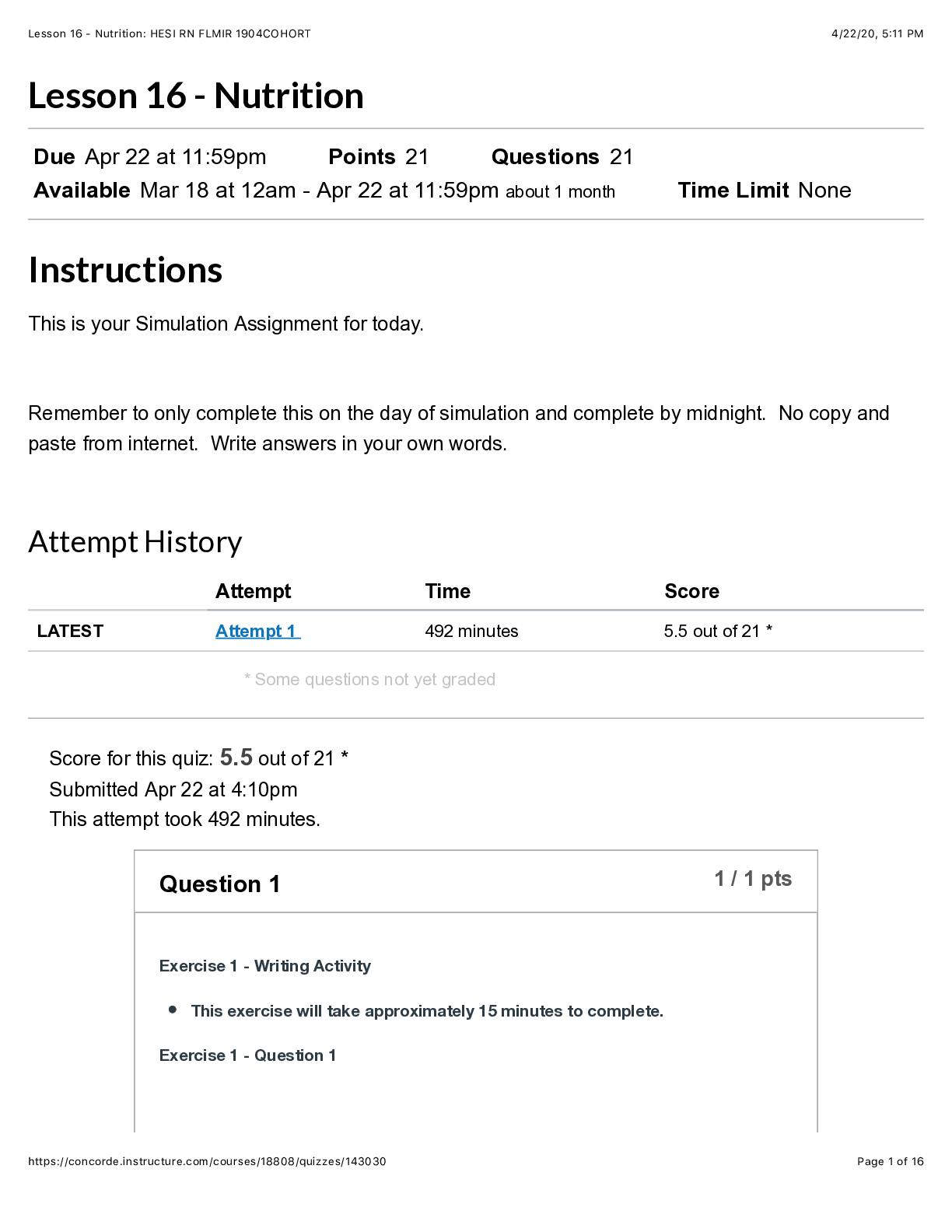Preview image for NUR 1234 Lesson 16 - Nutrition HESI RN FLMIR 1904 COHORT. Miami Dade College, Miami