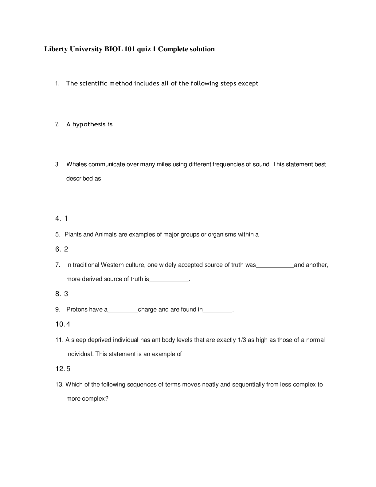 Preview image for Liberty University BIOL 101Liberty University BIOL 101 quiz 1 Complete solution.
