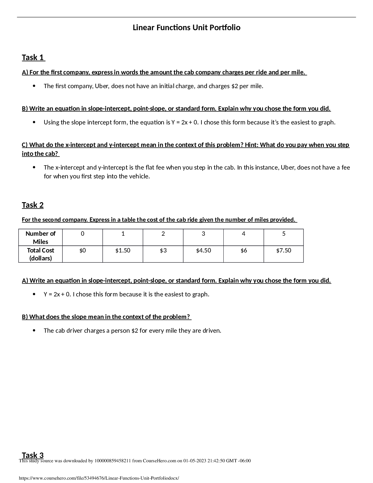 Preview of Questions & Answers > Linear Functions Unit Portfolio Connections - High School Level MATH
