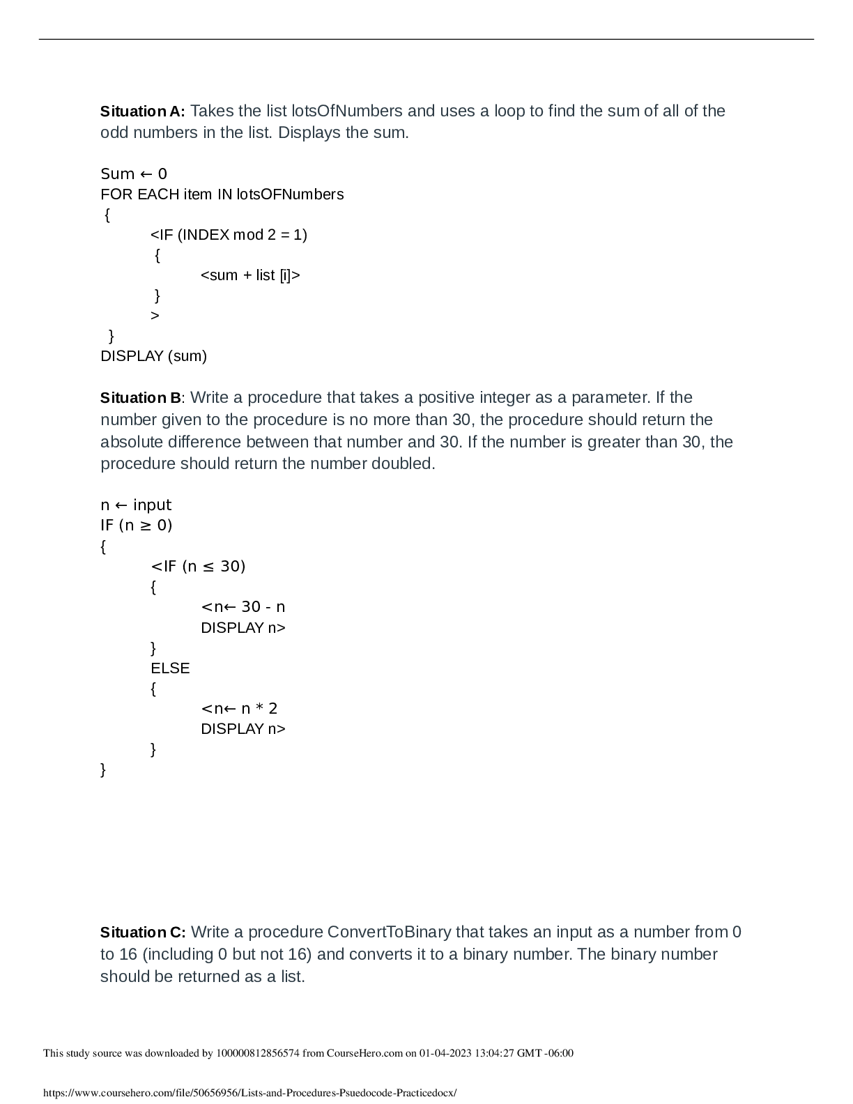 Preview image of PROGRAMMING/SOFTWARE > Alexander Hamilton High School SCIENCE 101  Lists and Procedures Psuedocode Practice document