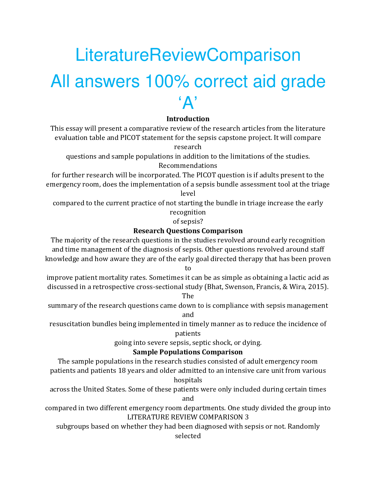 Preview image for LiteratureReviewComparison All answers 100% correct aid grade ‘A’