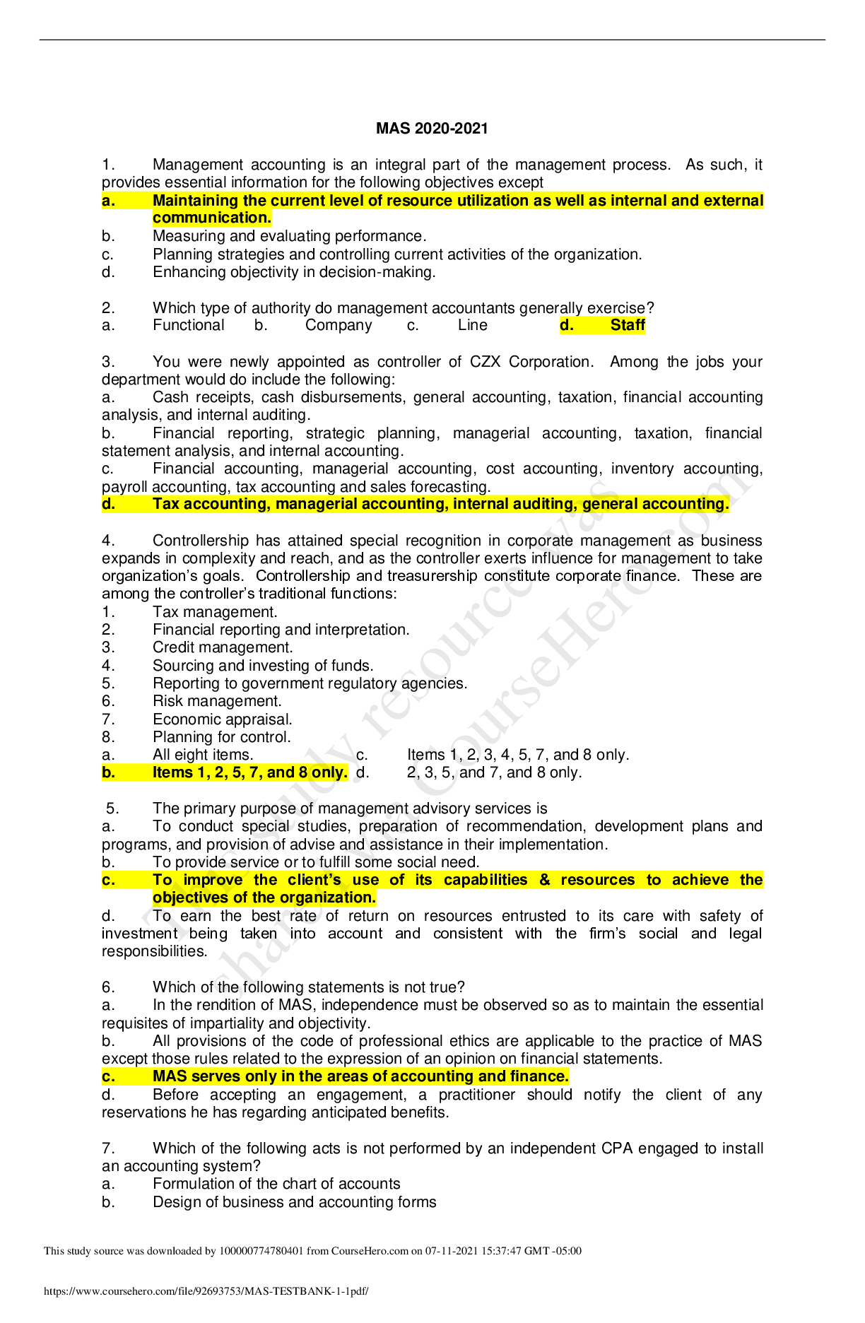 Preview of MAS TESTBANK 2020-2021 with elaborate answers