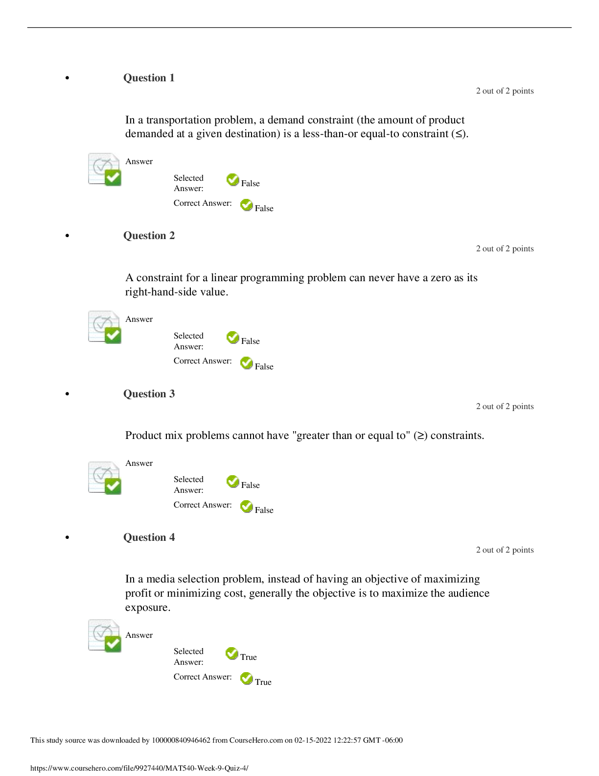 Preview image of MAT540 Week 9 Quiz 4 document