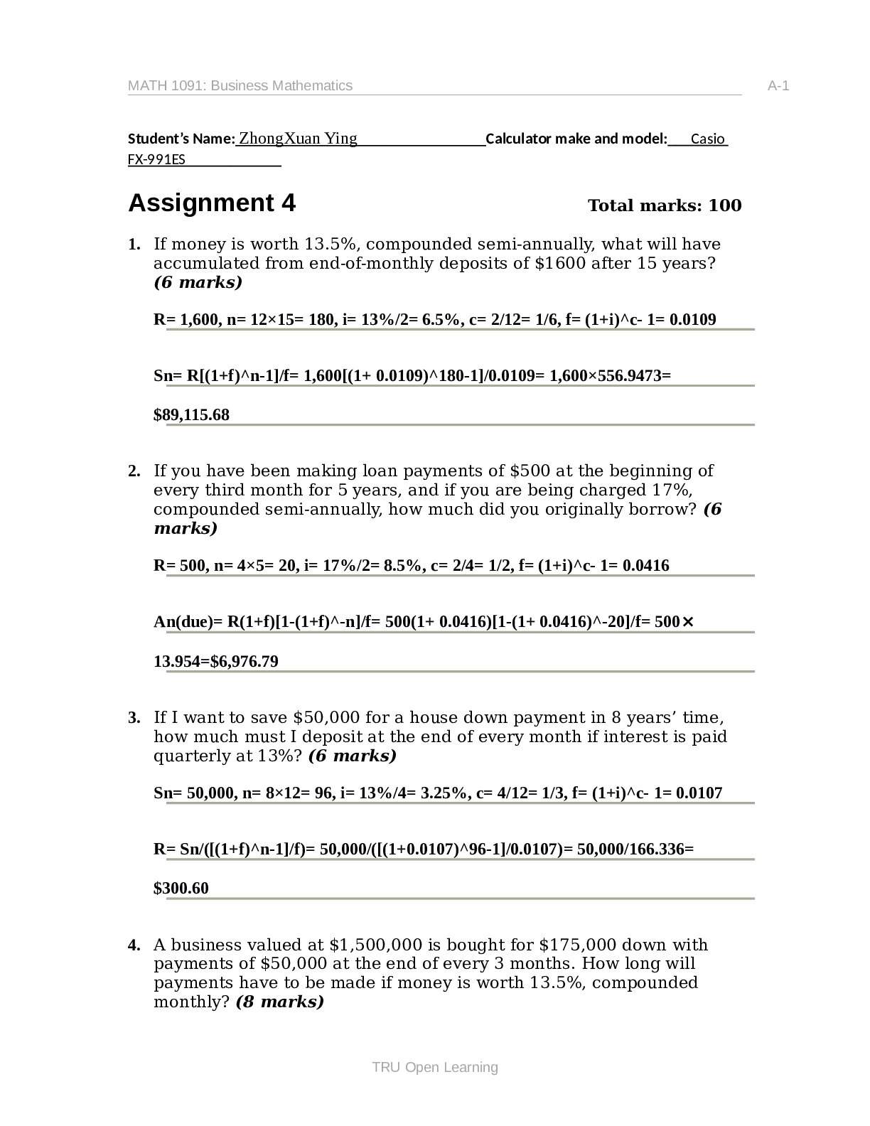 Preview image of Thompson Rivers UniversityMATH 1091MATH1091_Assignment4 document