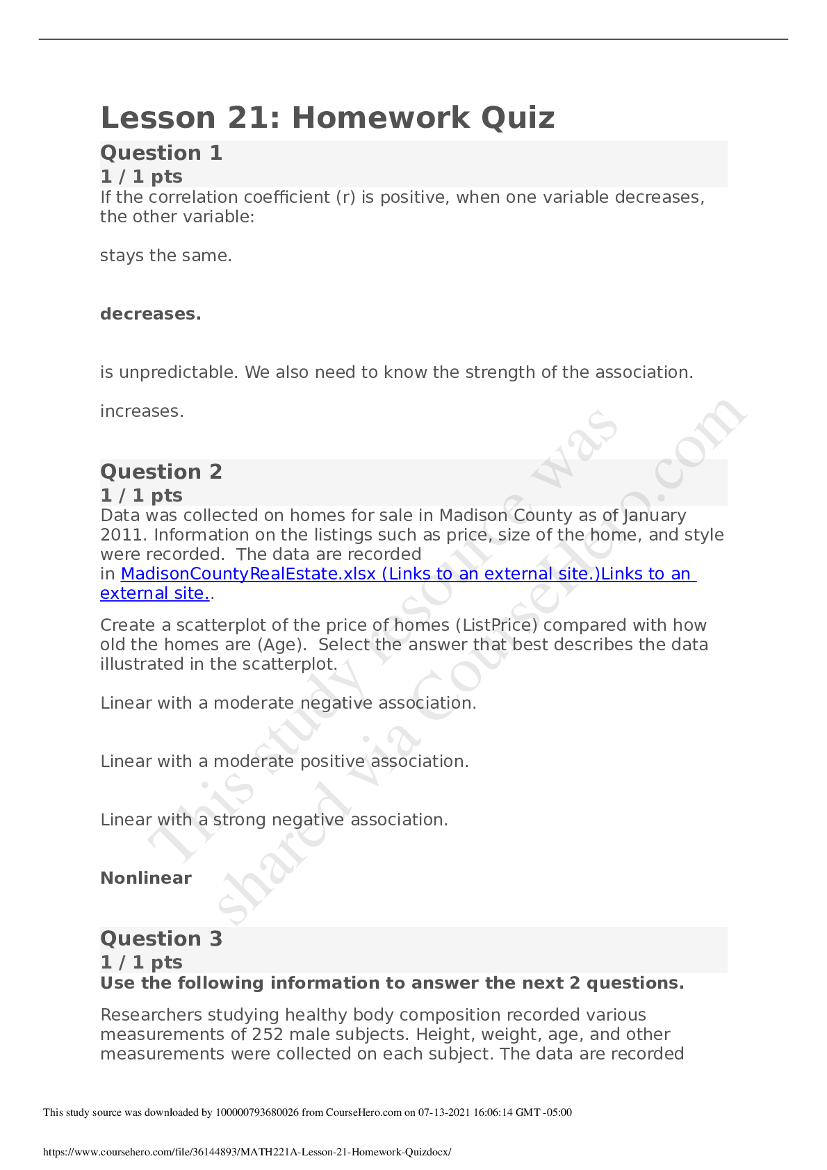 Preview image of MATH221A Lesson 21- Homework Quiz document