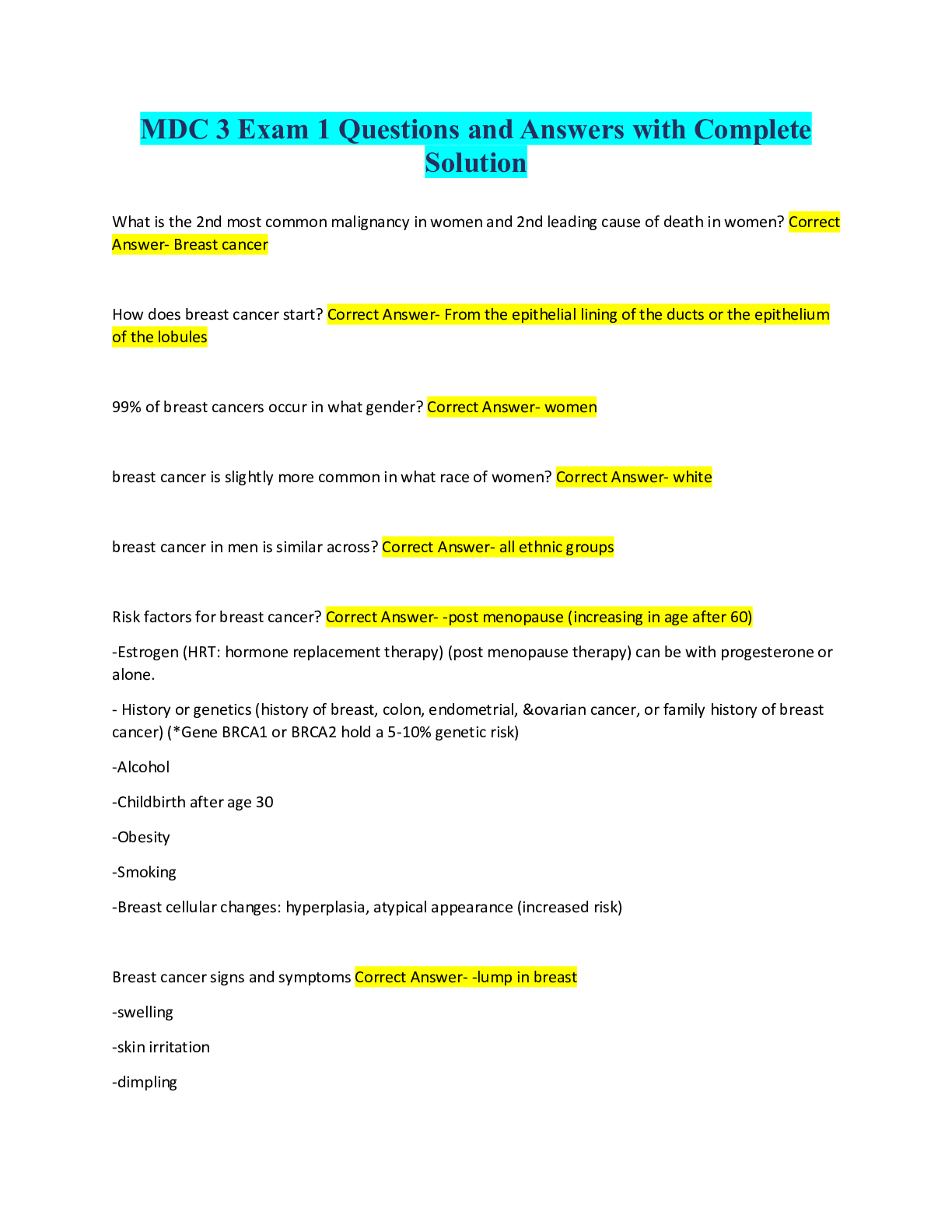 MDC 3 Exam 1 Questions and Answers with Complete Solution | ScholarFriends