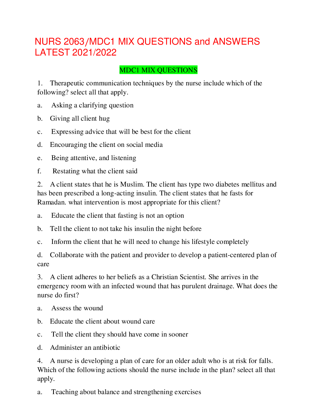 Recommended document preview for NURS 2063/MDC1 MIX QUESTIONS and ANSWERS LATEST 2021/2022,100% CORRECT