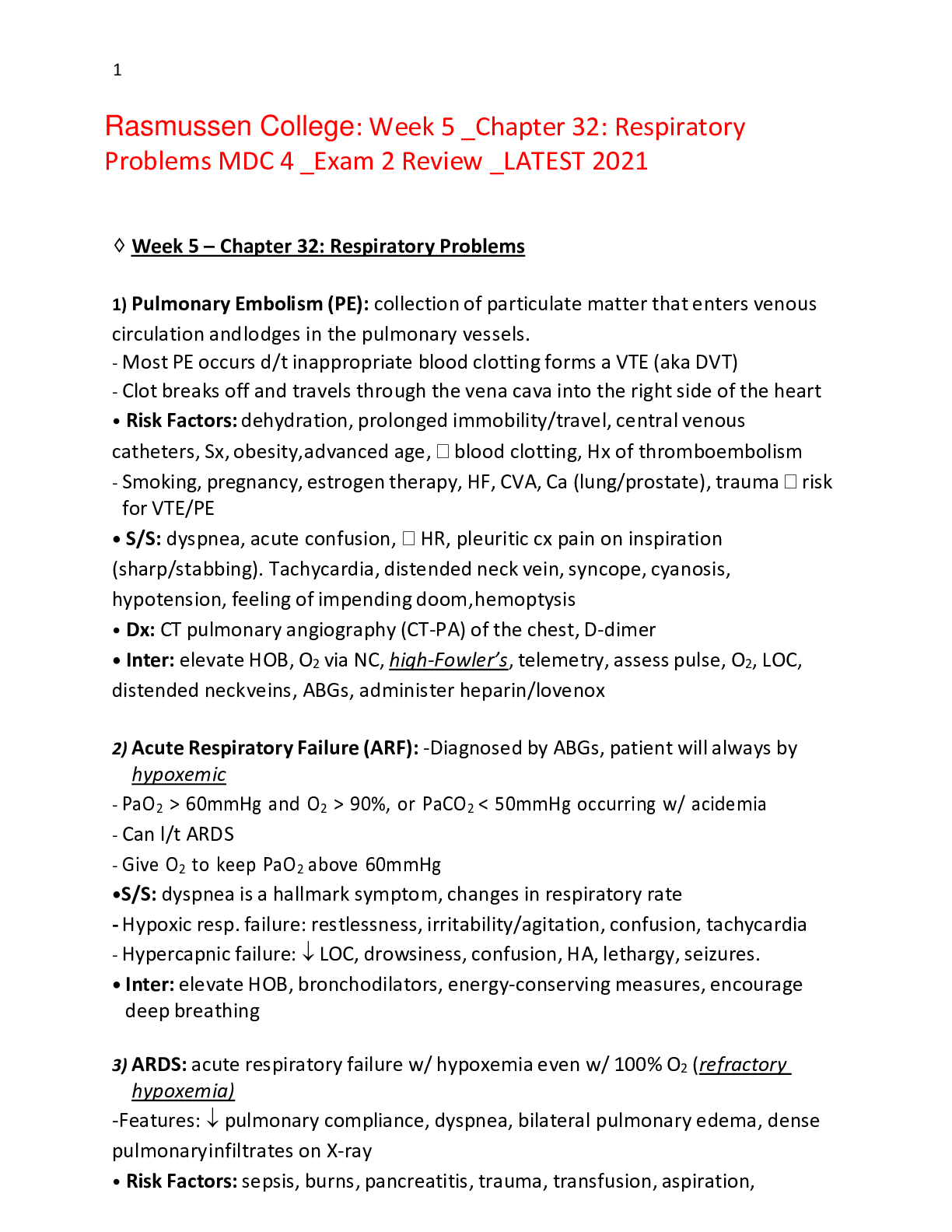 Preview image for Rasmussen College: Week 5 _Chapter 32: Respiratory Problems MDC 4 _Exam 2 Review _LATEST 2021,100% CORRECT