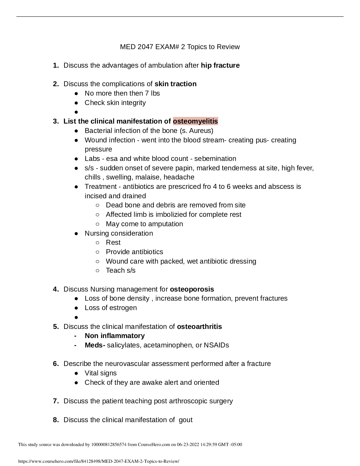 Preview of MED 2047 EXAM# 2 Latest Topics to Review