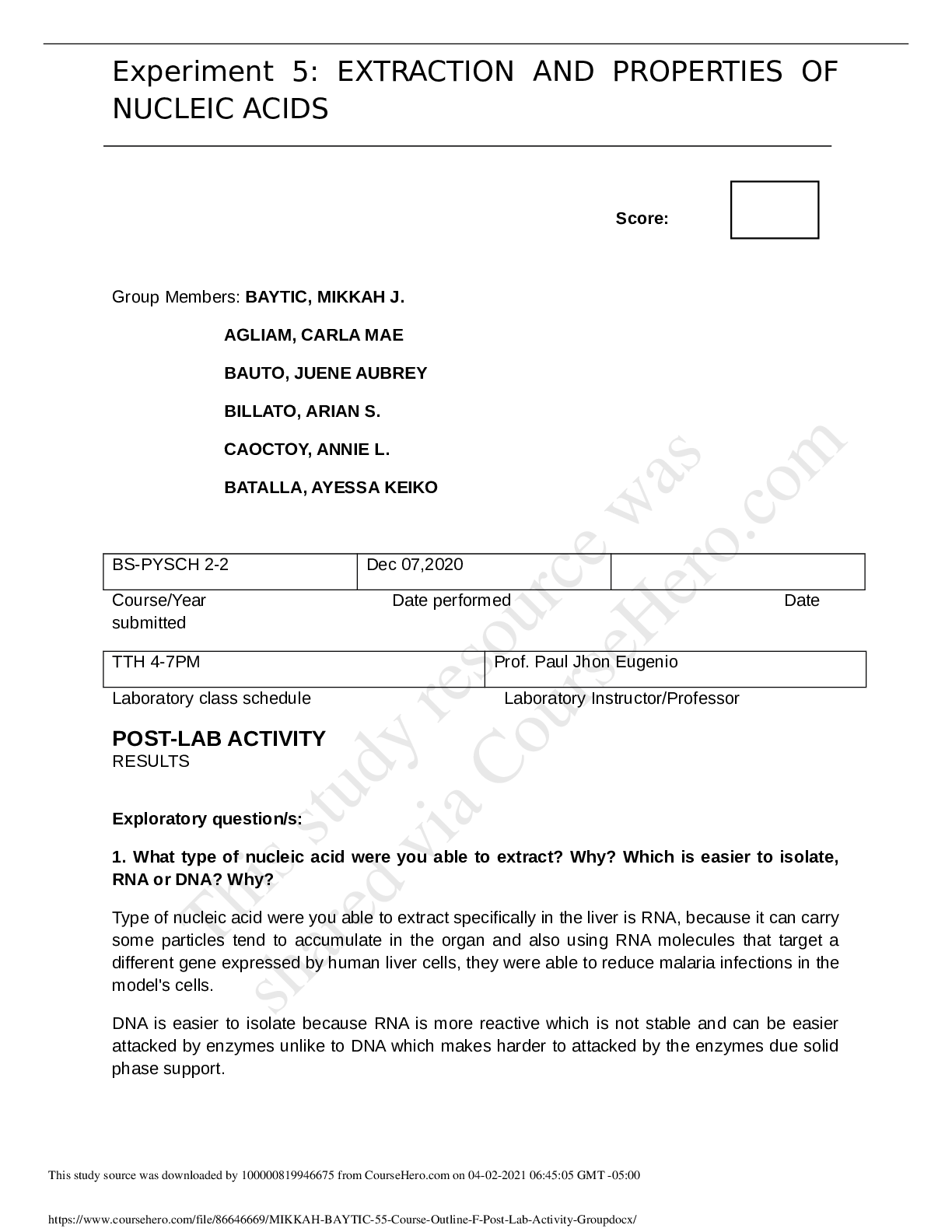 Preview image of EXTRACTION AND PROPERTIES OF NUCLEIC ACIDS document