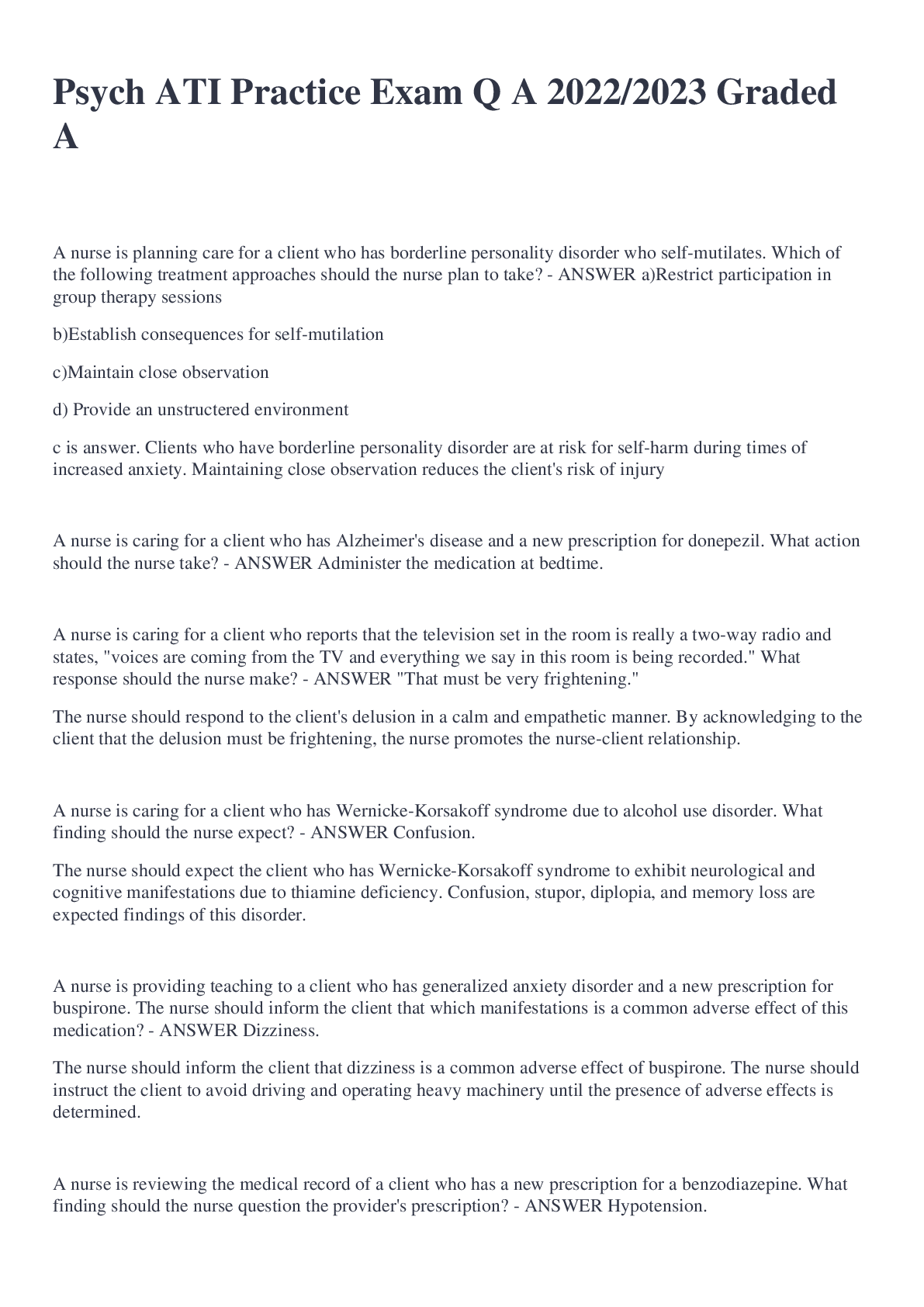 Preview image for Psych ATI Practice Exam Q A 2022/2023 Graded A