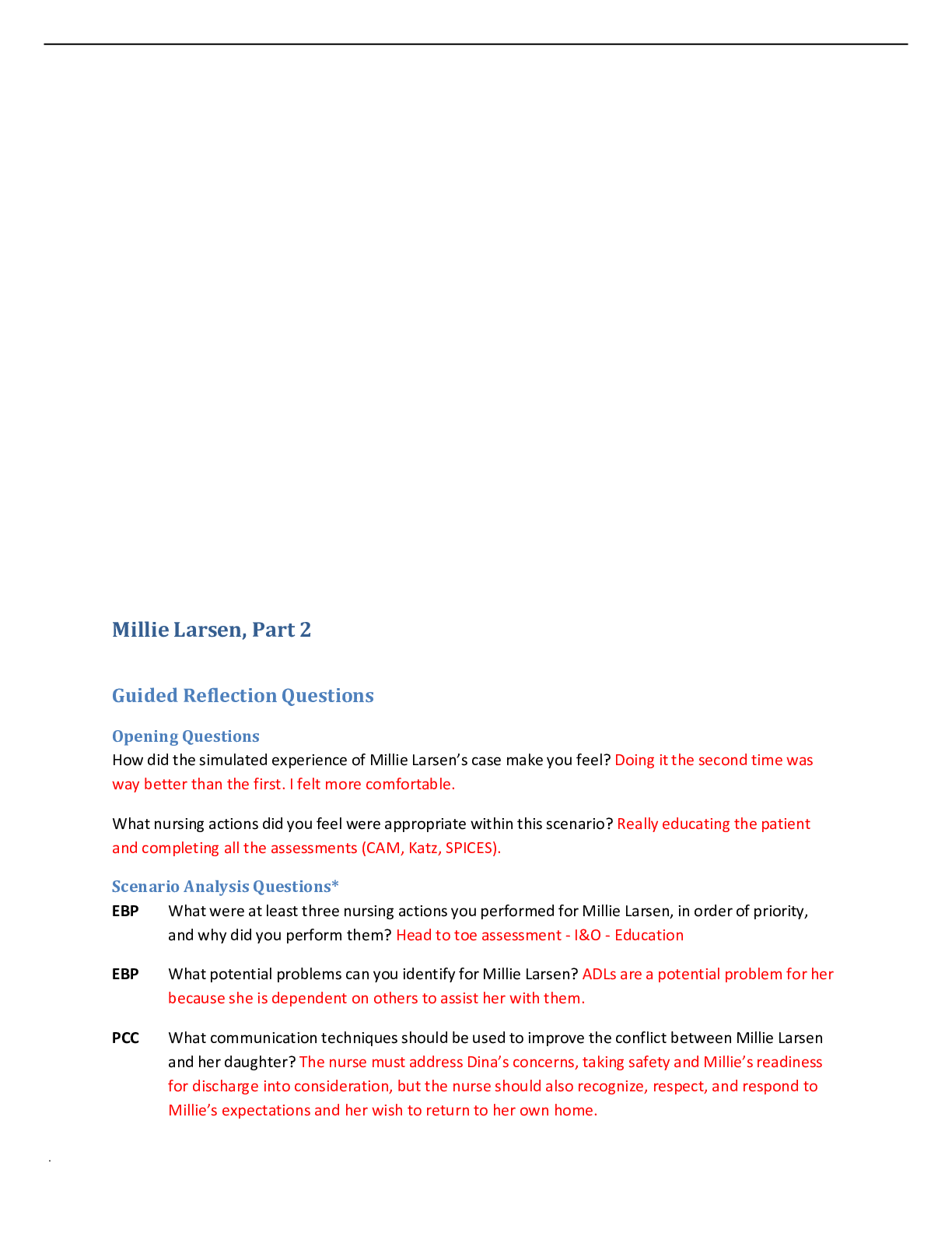 Preview of NSG 170 Millie Larsen Part 2- Guided Reflection Questions
