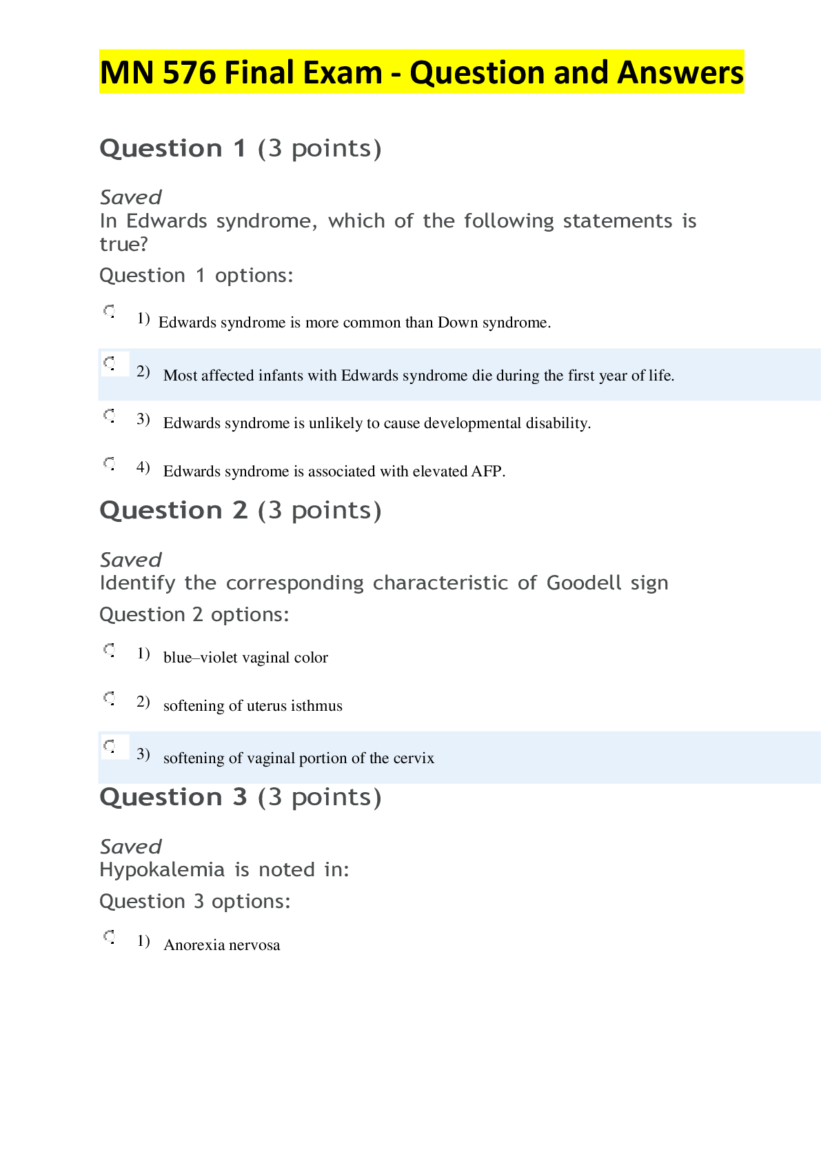 Questions Mn MN 576 Final Exam - Question and Answers 2022 | ScholarFriends