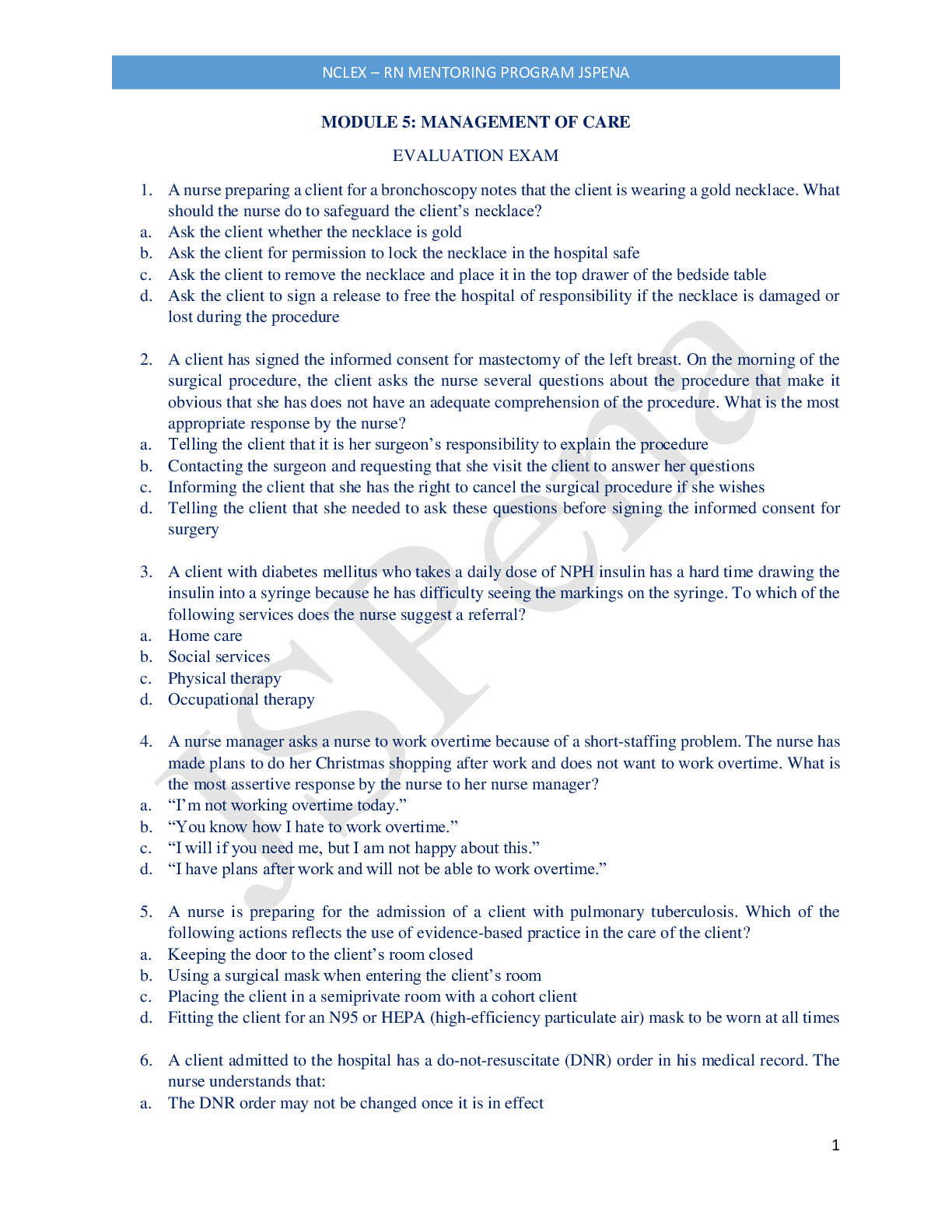 Preview image for NCLEX – RN MENTORING PROGRAM JSPENA With RATIONALE Latest Questions and Complete Solutions | Download To Score An A