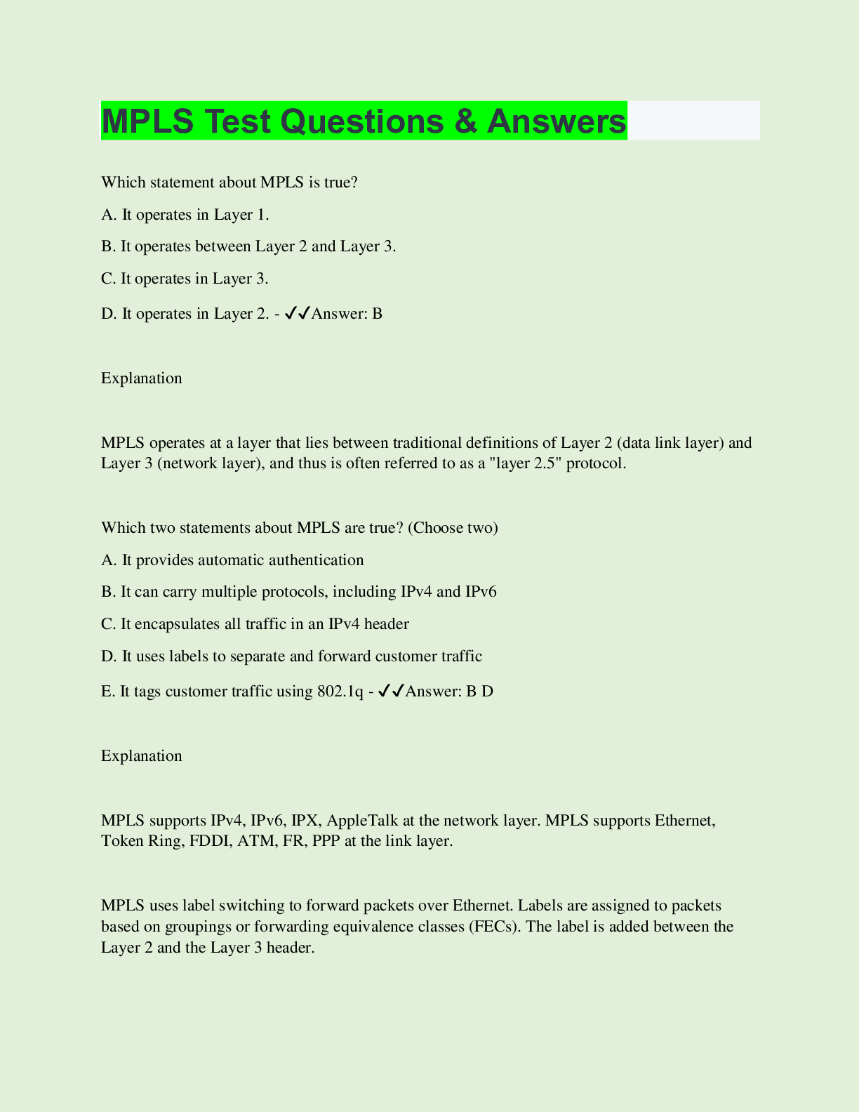 MPLS Test Questions & Answers | with 100% Correct Answers | Updated ...