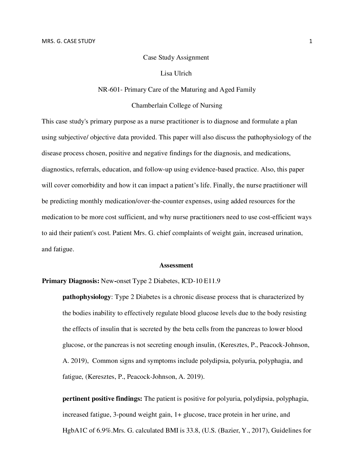 Preview image for MRS. G. Case Study Assignment by Lisa Ulrich, Primary Diagnosis New-onset Type 2 Diabetes, ICD-10 E11.9, NR-601