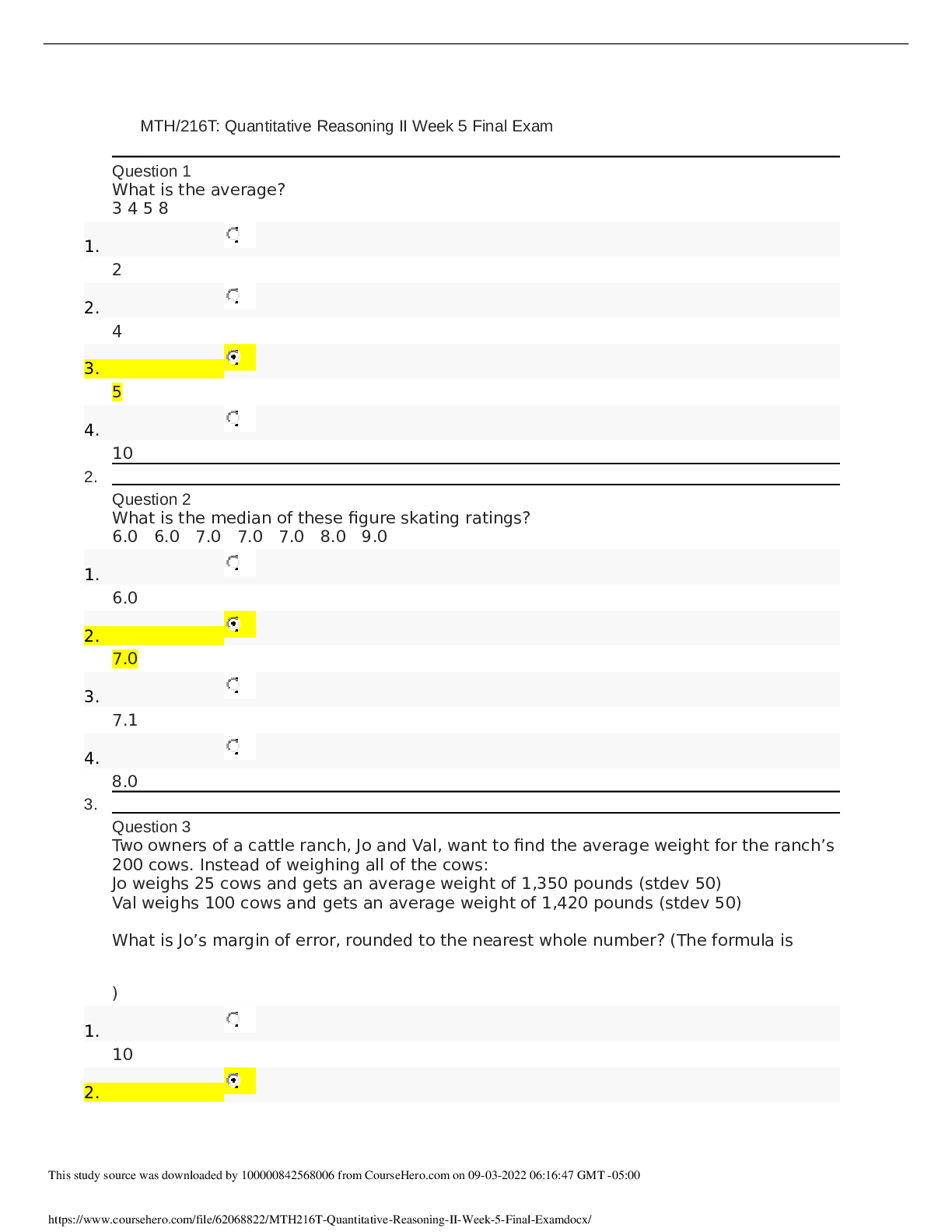 Preview image for MTH/216T: Quantitative Reasoning II Week 5 Final Exam