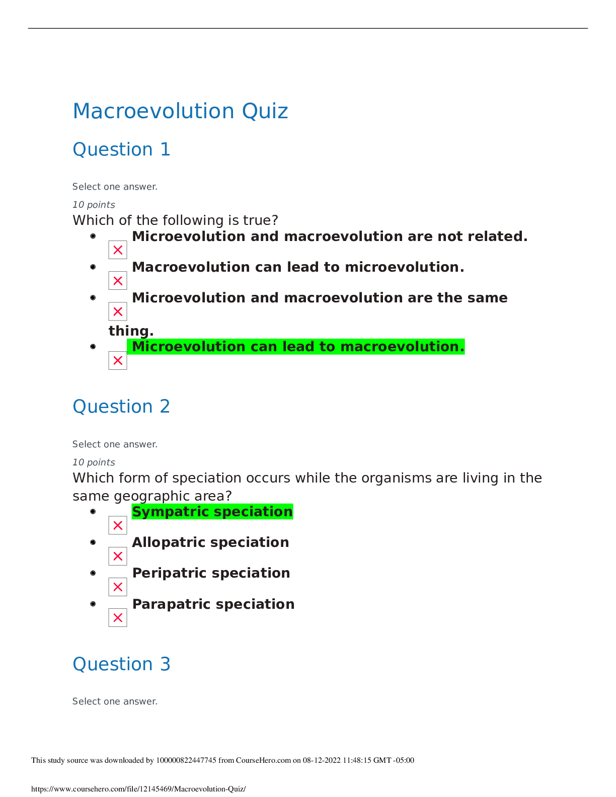 Recommended document preview for University of Maryland, University College BIO 101 Human Biology Macroevolution Quiz. 100% Score