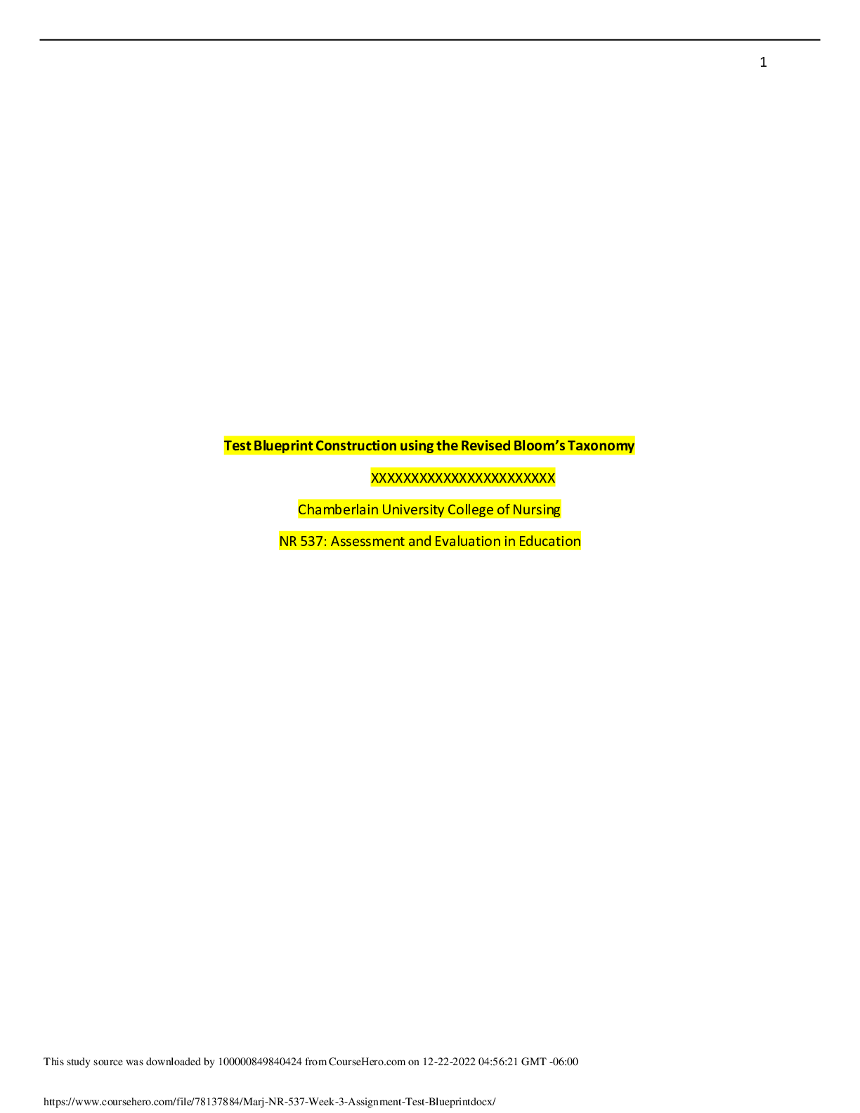 Preview of NR-537 Week 3 Assignment: Test Construction Using Bloom s Revised Taxonomy | GRADED A