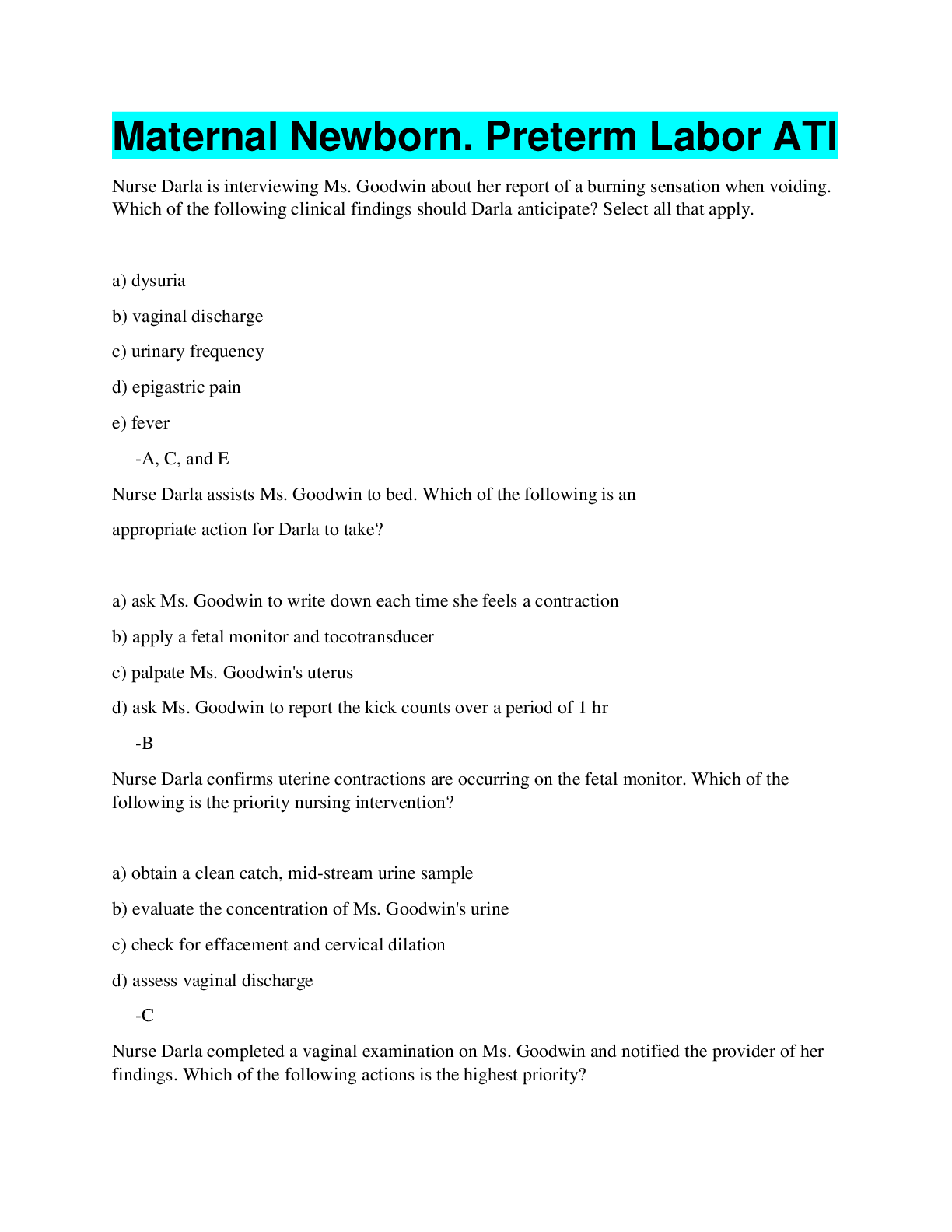 Preview image of Maternal Newborn. Preterm Labor ATI document