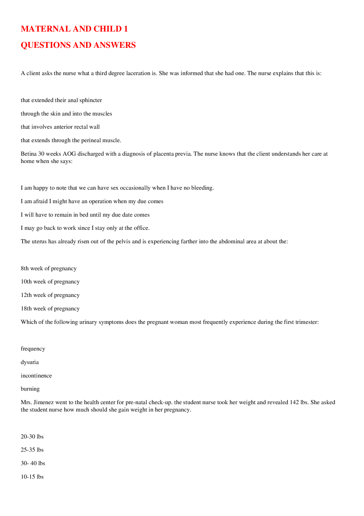 Preview image for MATERNAL AND CHILD 1 QUESTIONS AND ANSWERS