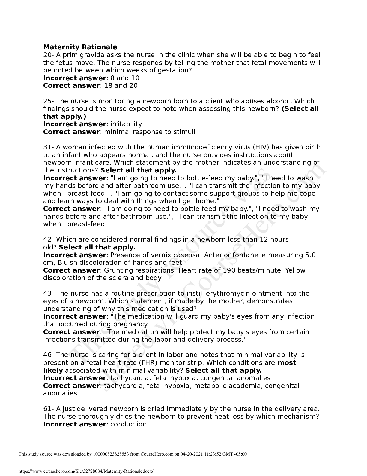 Preview image of NURSING 106 Maternity Rationale. document