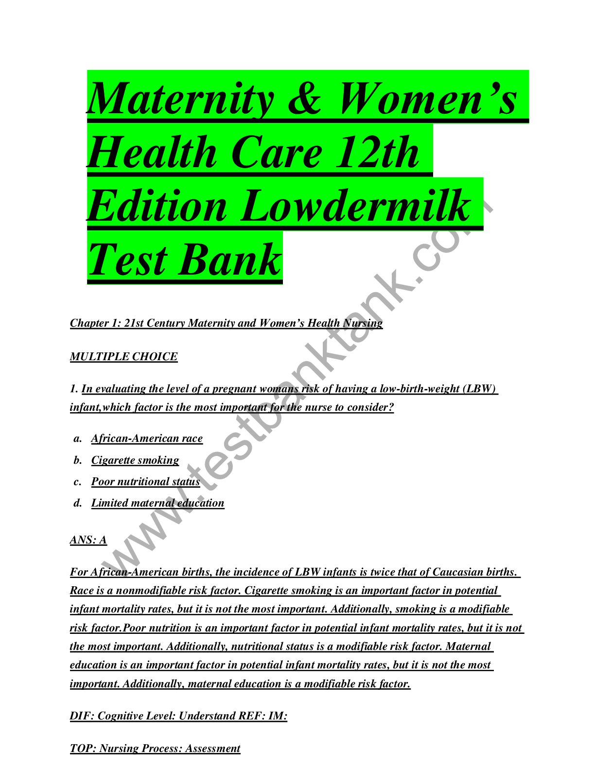 Preview image for maternity & Women’s Health Care 12th Edition Lowdermilk Test Bank