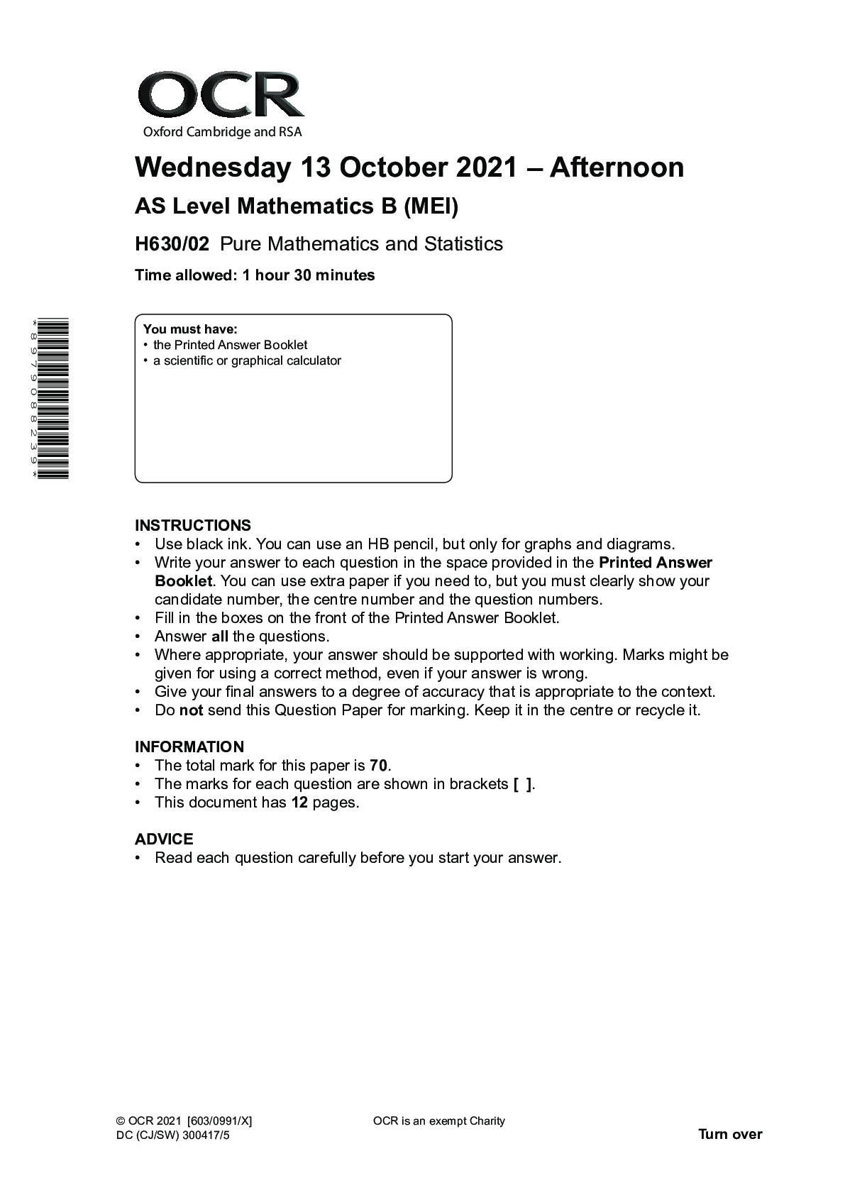 Math/stat Paper Questions OCR_AS Level Mathematics B_H630/02 Question Paper Oct 2021 | Pure ...
