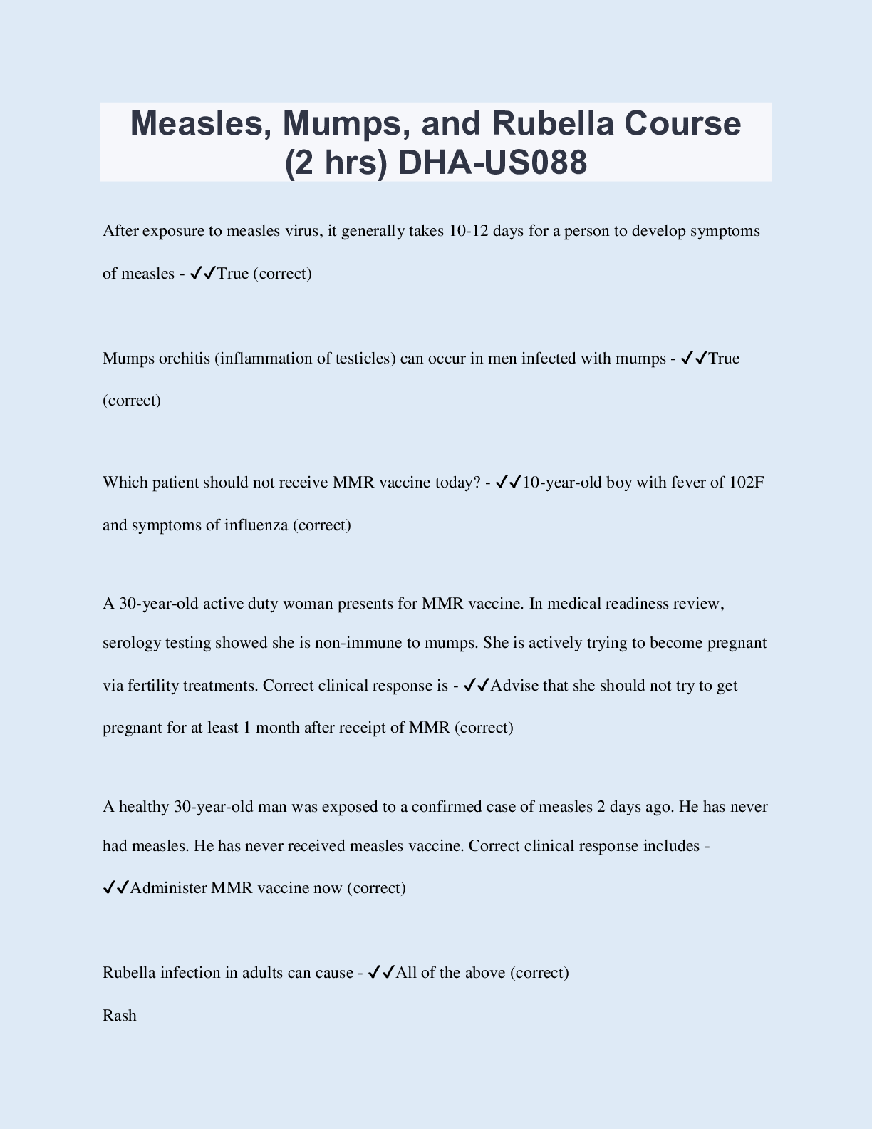 Preview image for Measles, Mumps, and Rubella Course (2 hrs) DHA-US088 |  35 Questions with 100% Correct Answers | Updated 2023