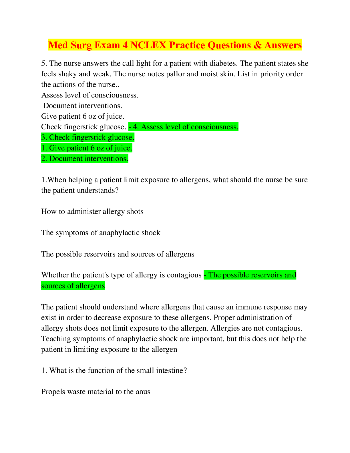 Med Surg Exam 4 NCLEX Practice Questions & Answers | ScholarFriends
