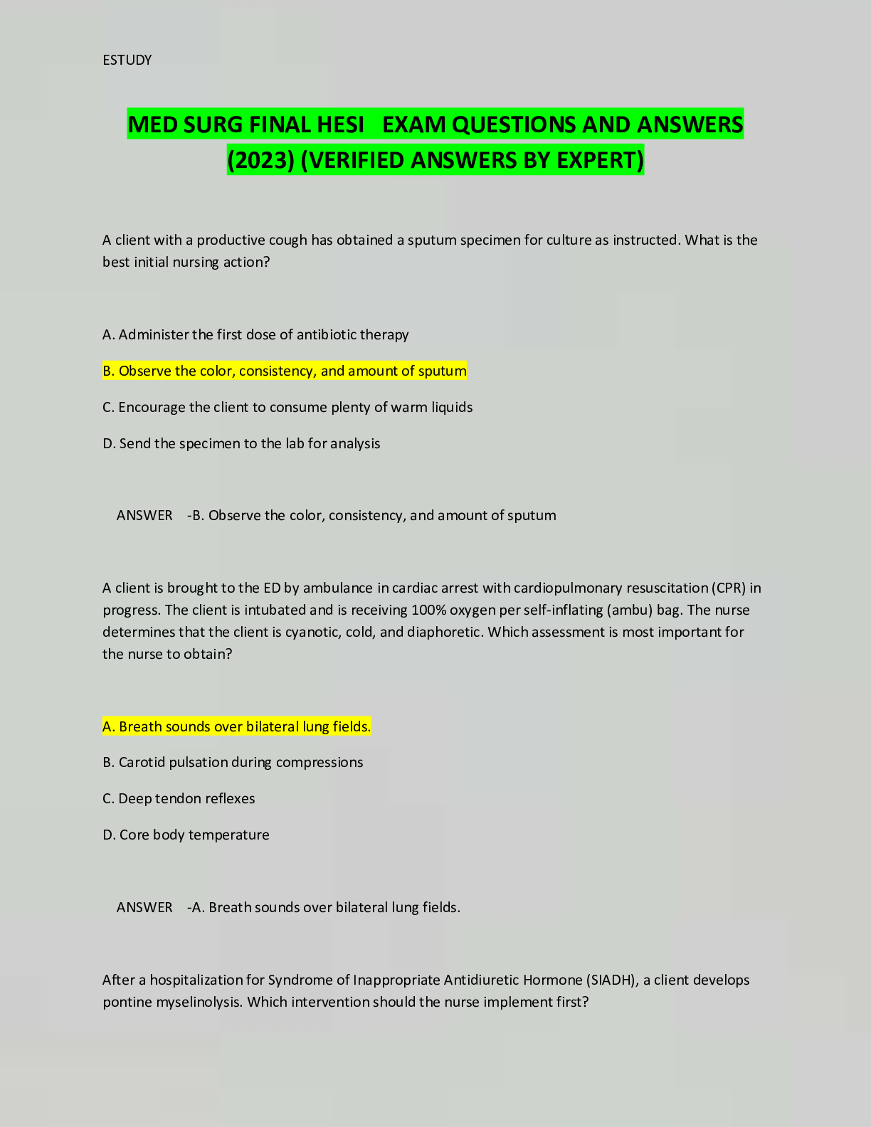 MED SURG FINAL HESI EXAM QUESTIONS AND ANSWERS (2023) (VERIFIED ANSW ...
