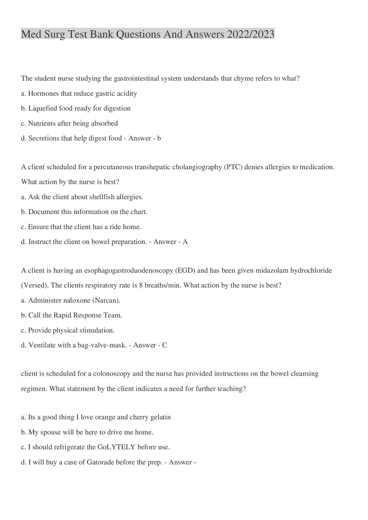 Med Surg Test Bank Questions And Answers 2022/2023 - Scholarfriends