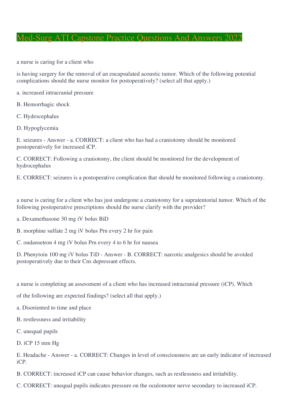 Pacic Questionary Med-Surg ATI Capstone Practice Questions And Answers 2022 | ScholarFriends