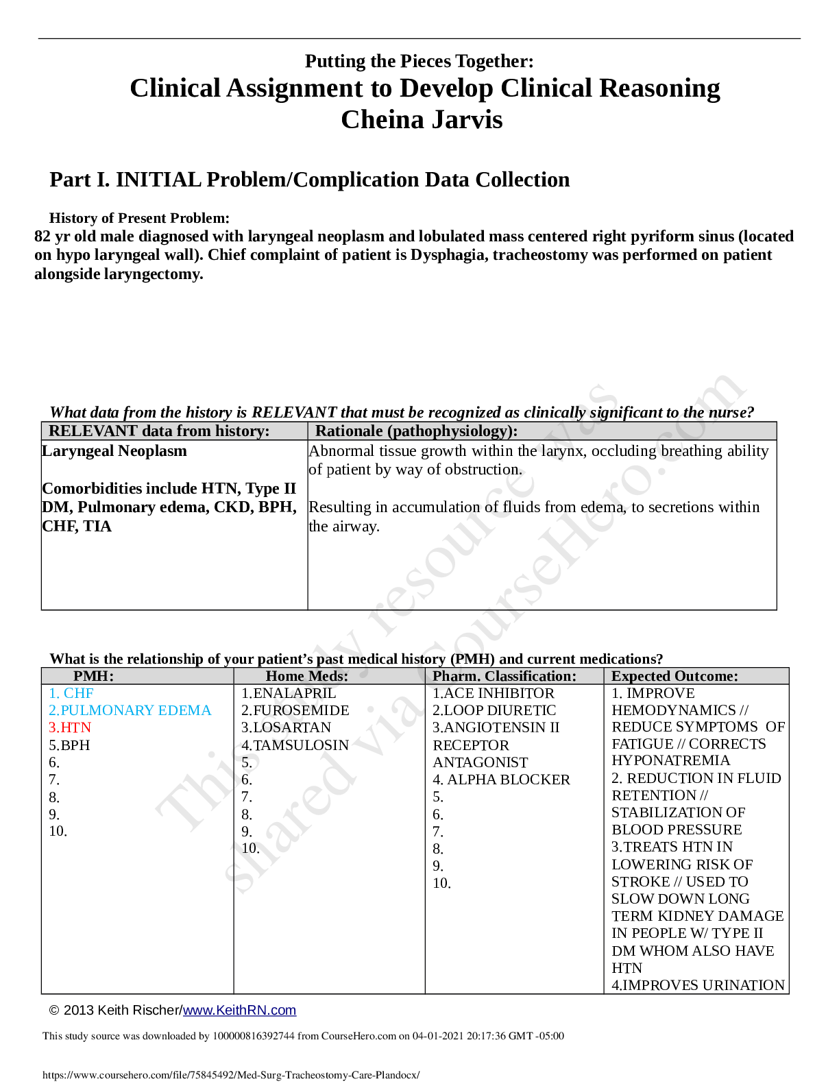Preview image for Med Surg Tracheostomy Care Plan.....Clinical Assignment to Develop Clinical Reasoning Cheina Jarvis
