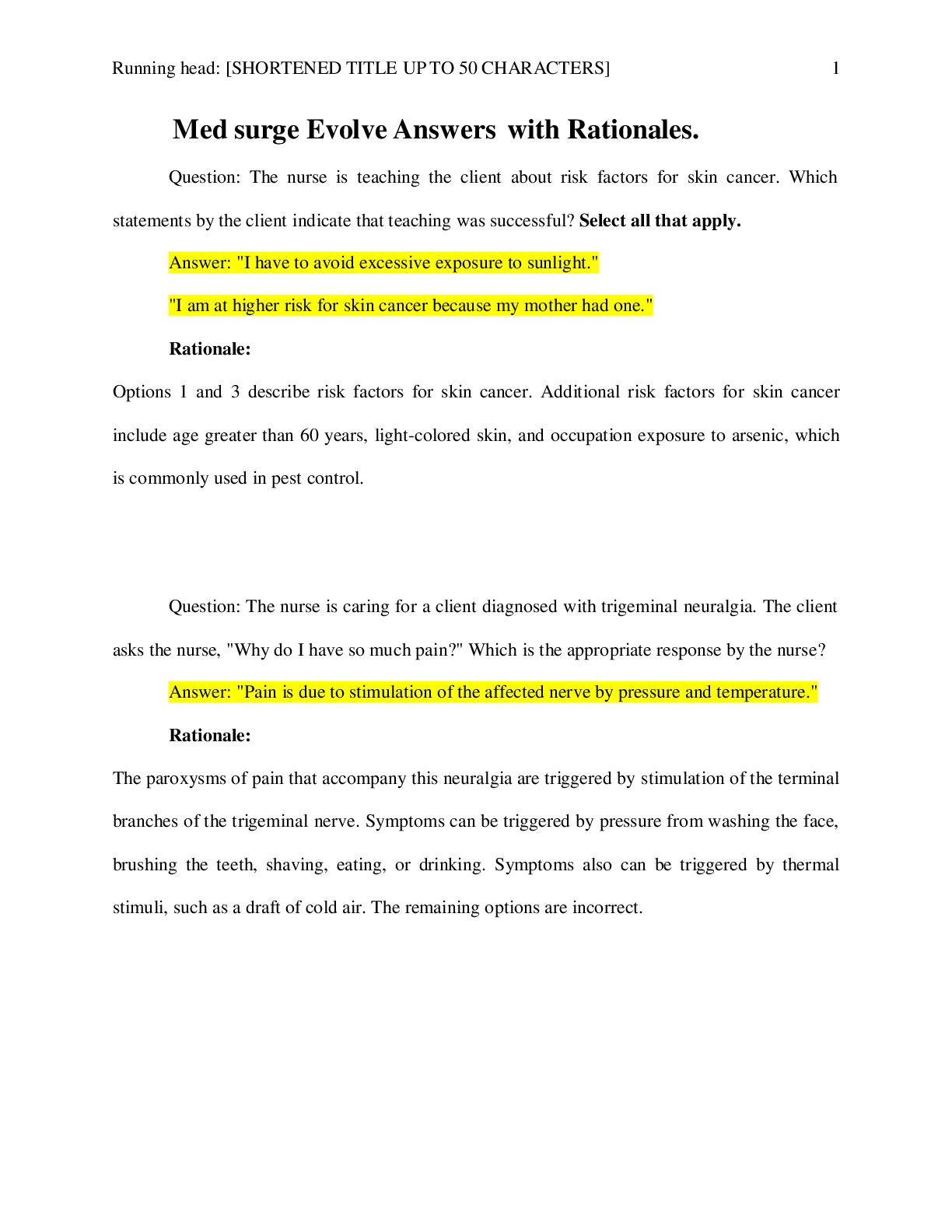 Preview of NURSING 2201 Med surge Evolve 100% Correct Answers with Rationales | Guaranteed Pass