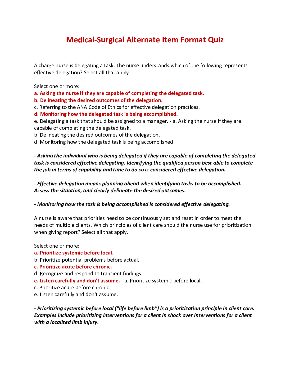 VATI Medical-Surgical Alternate Item Format Quiz - Questions, Answers ...