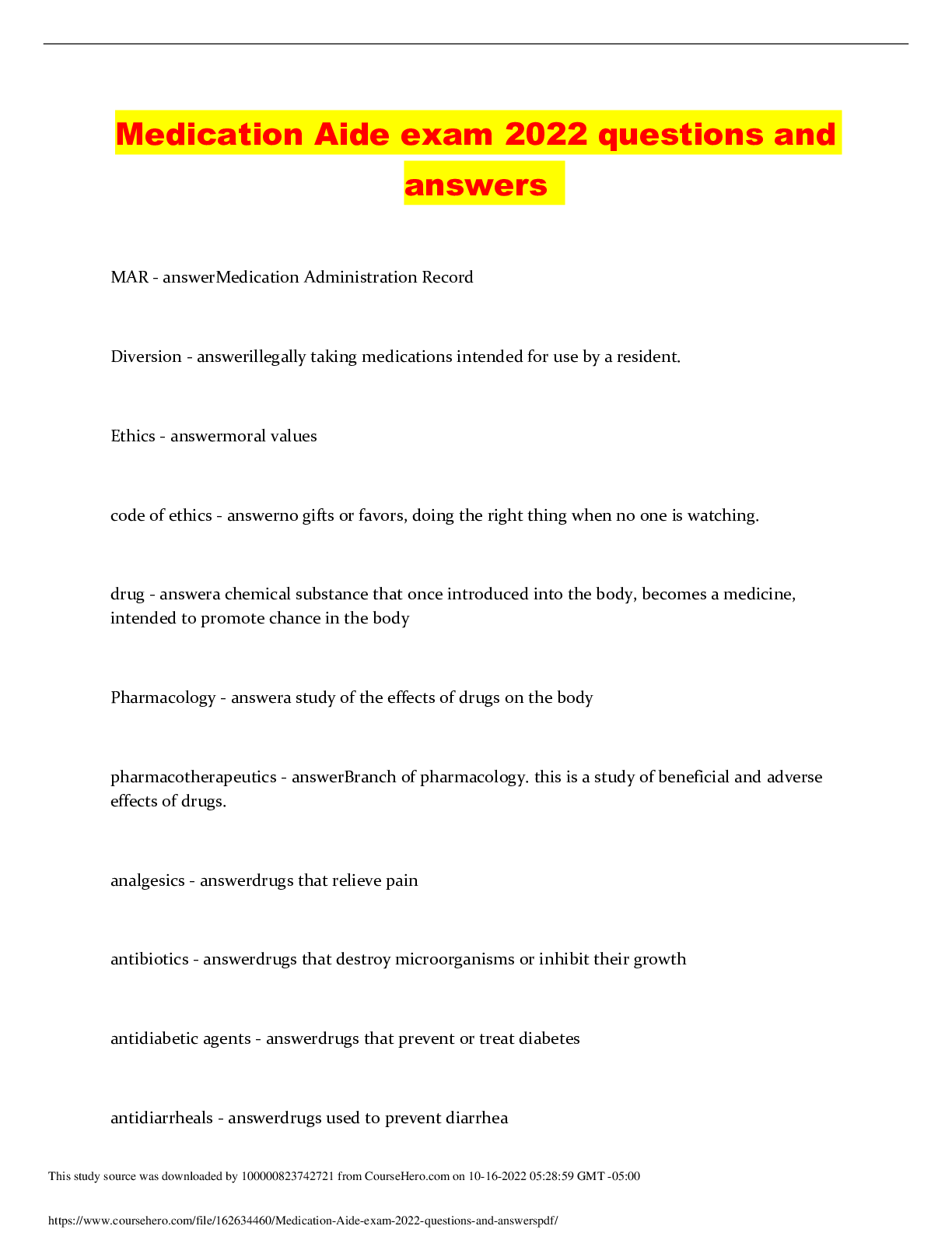 Preview image for Medication Aide exam 2022 questions and answers