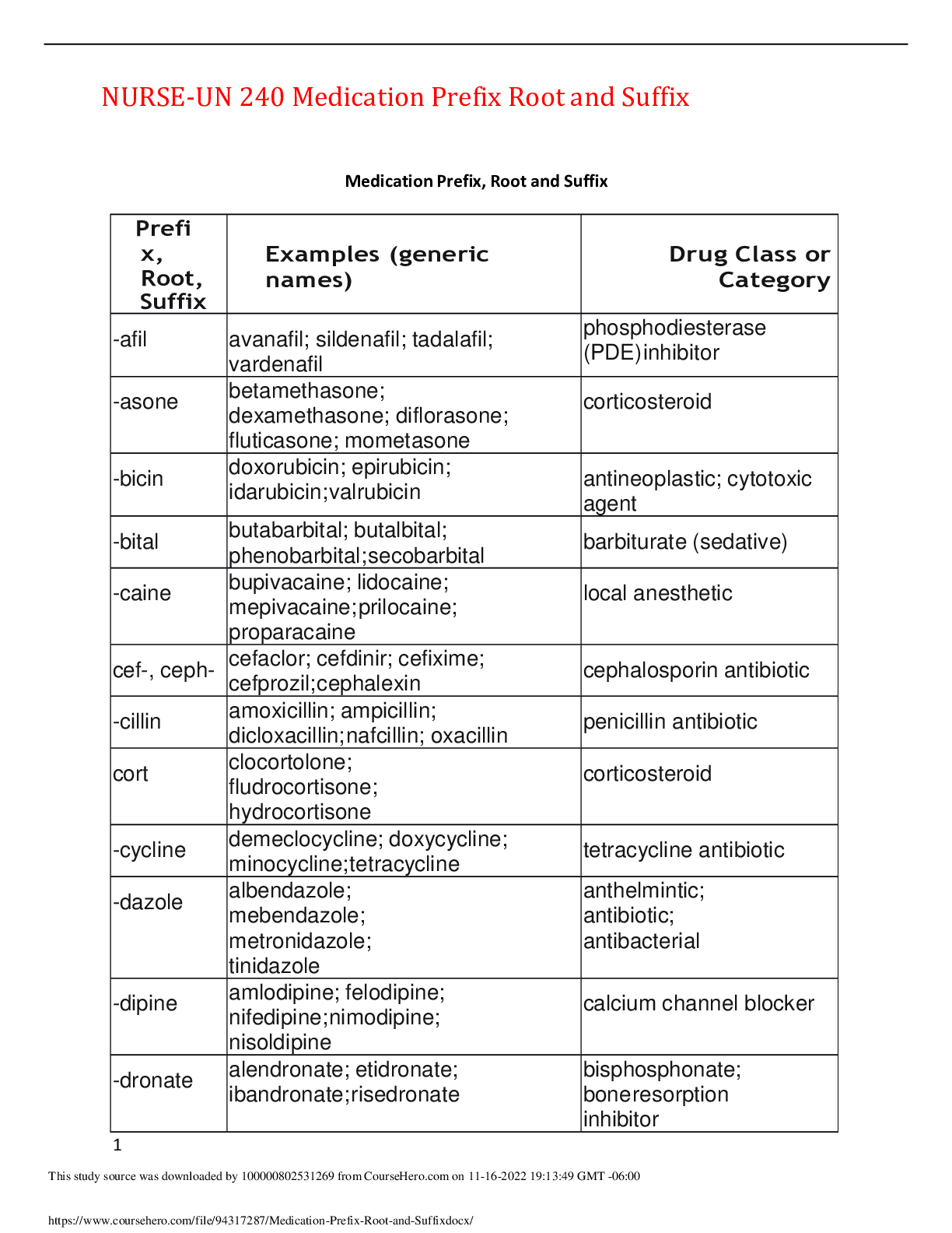 Preview of NURSE-UN 240 Medication Prefix Root and Suffix,GRADED A